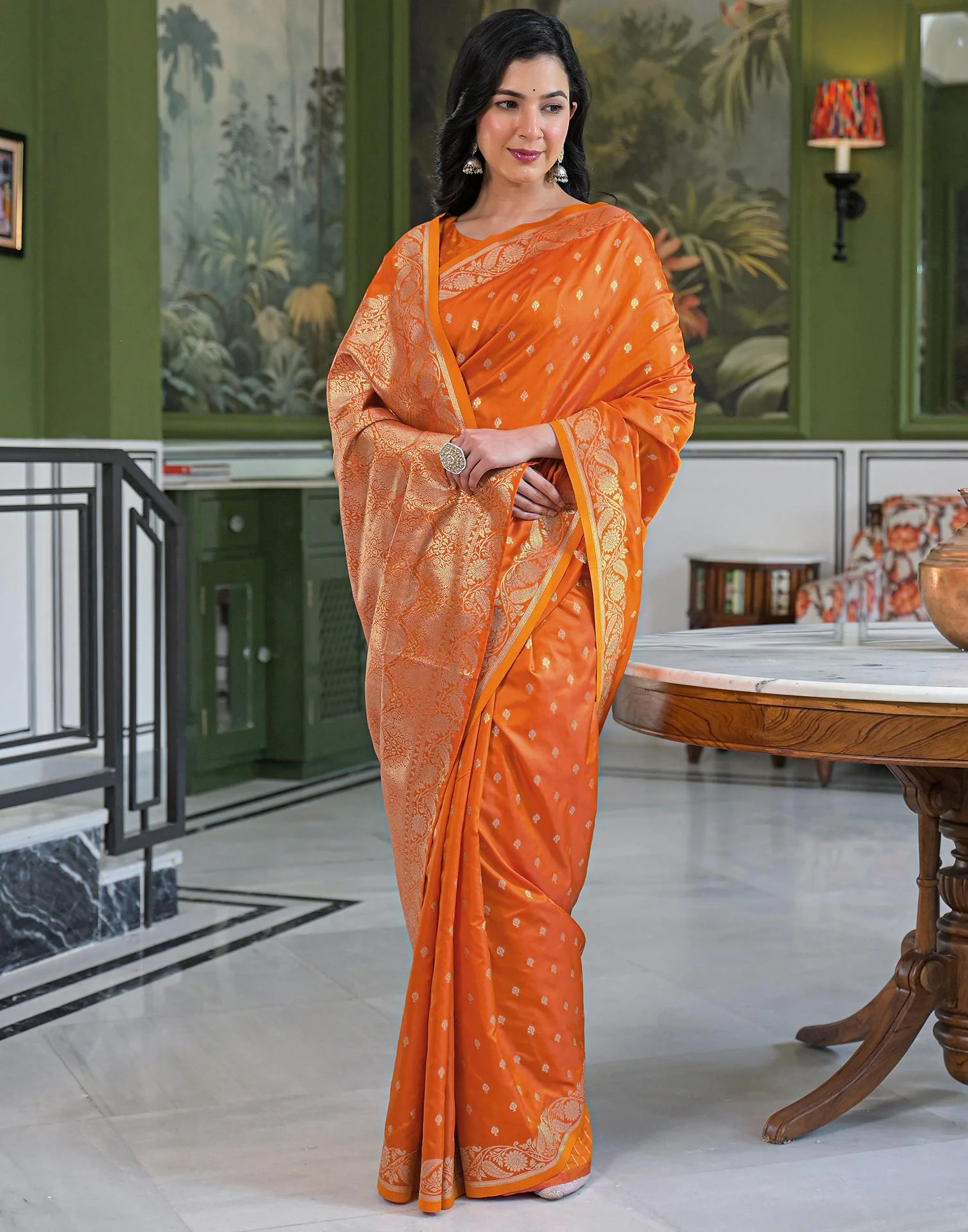 Orange Silk Woven Banarasi Saree - Image 5