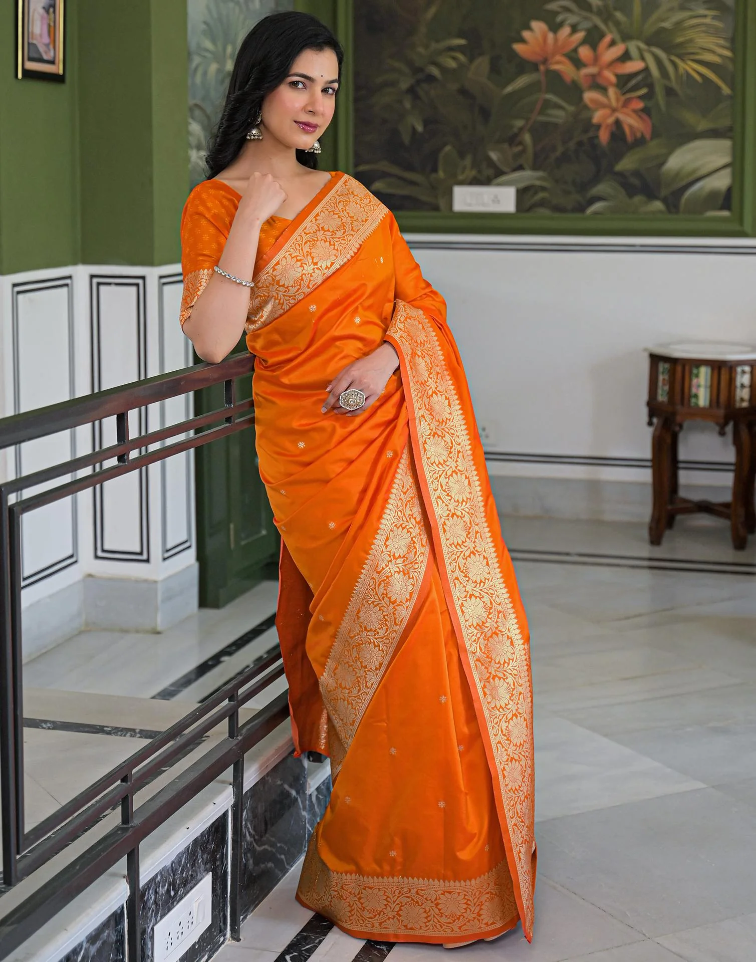 Orange Silk Woven Banarasi Saree - Image 8