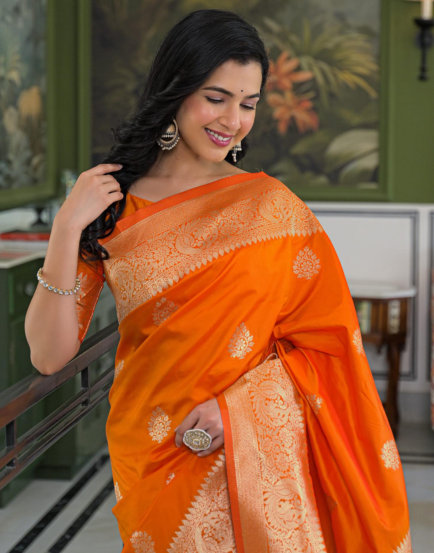 Orange Silk Woven Banarasi Saree - Image 2