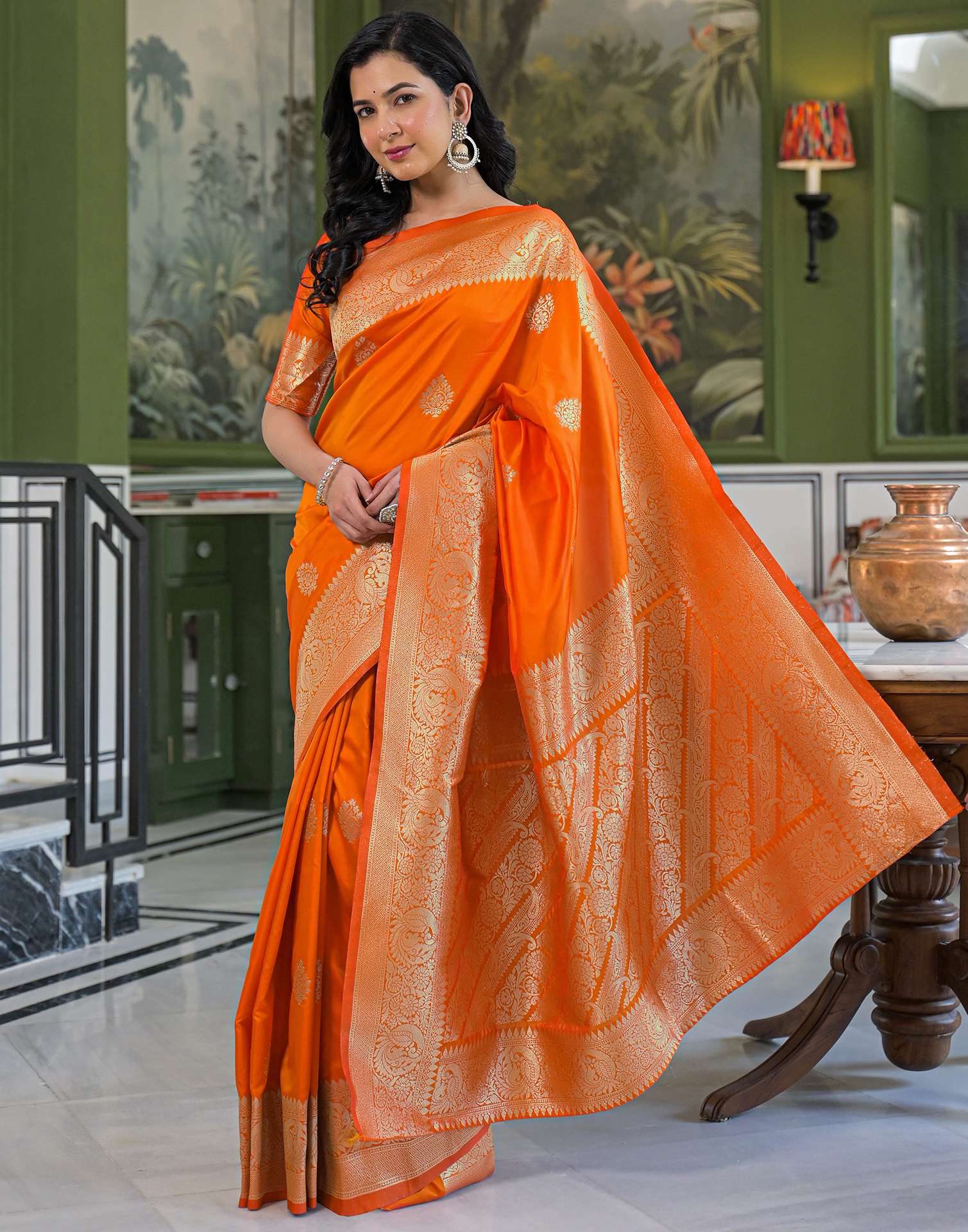 Orange Silk Woven Banarasi Saree - Image 4