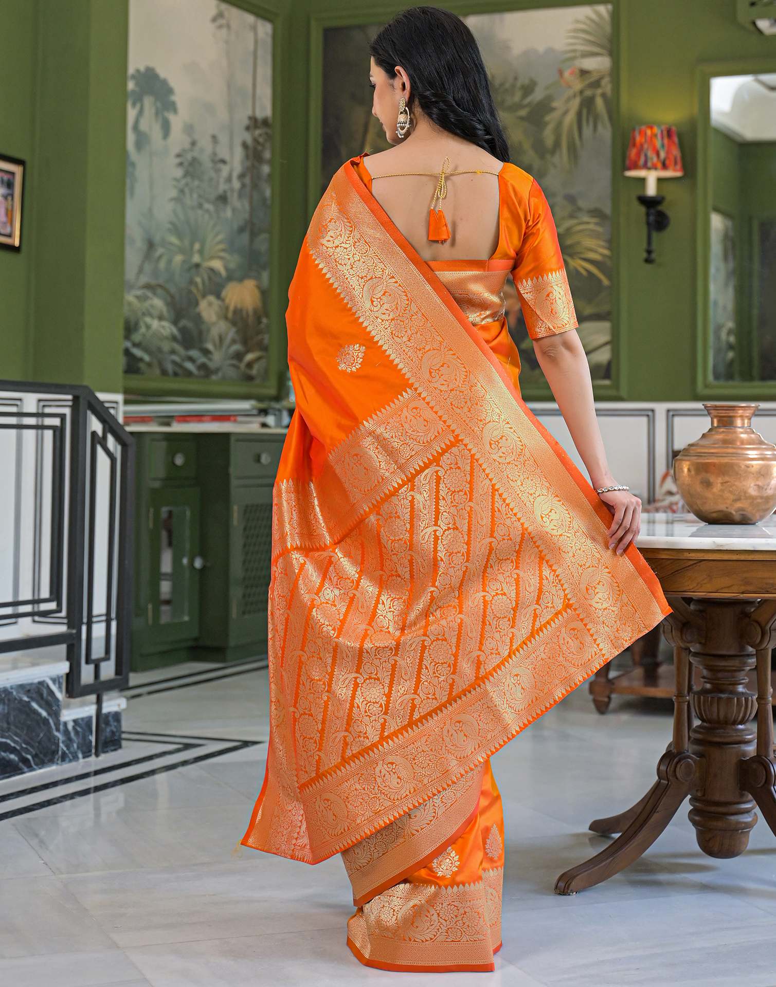 Orange Silk Woven Banarasi Saree - Image 6