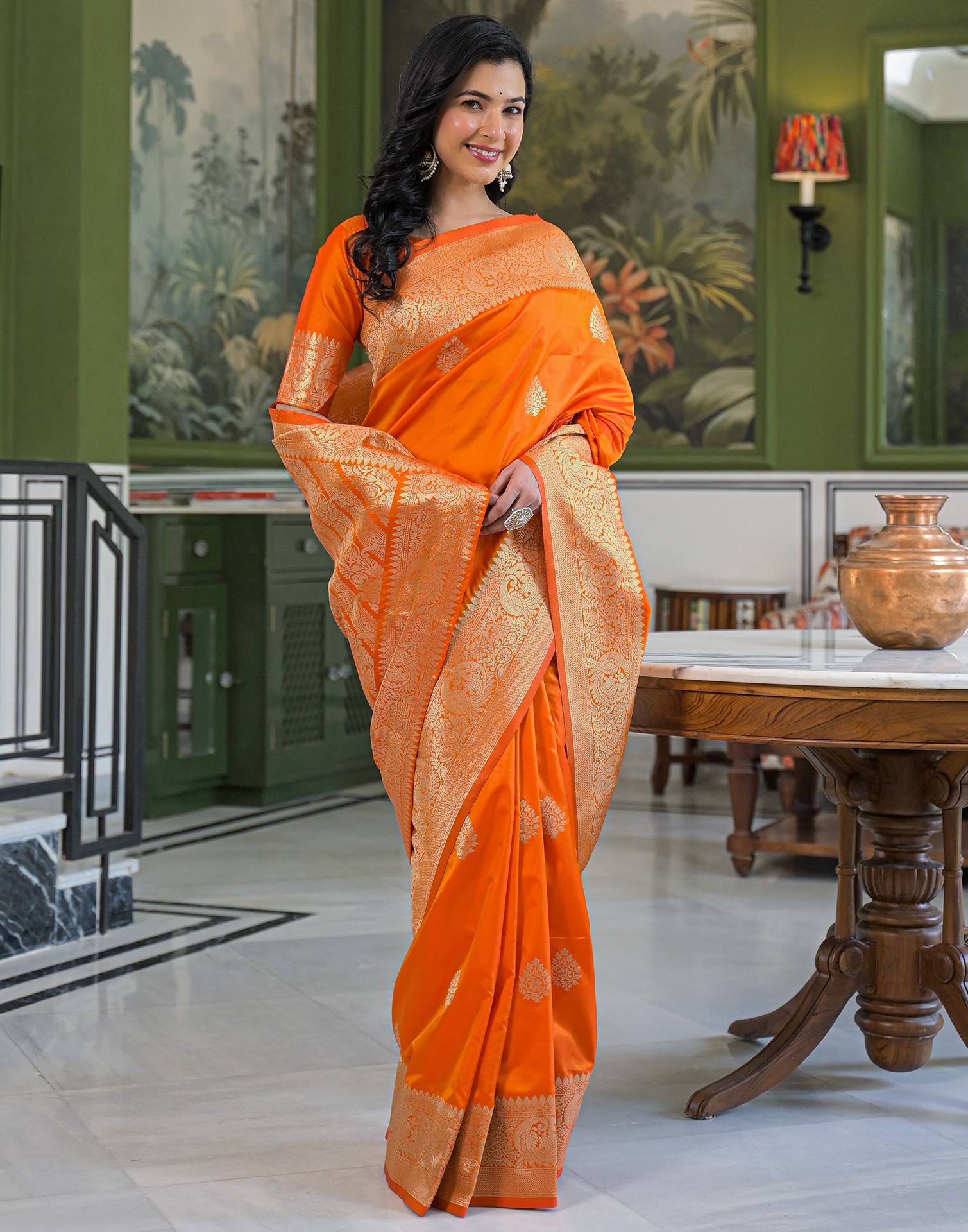 Orange Silk Woven Banarasi Saree - Image 7