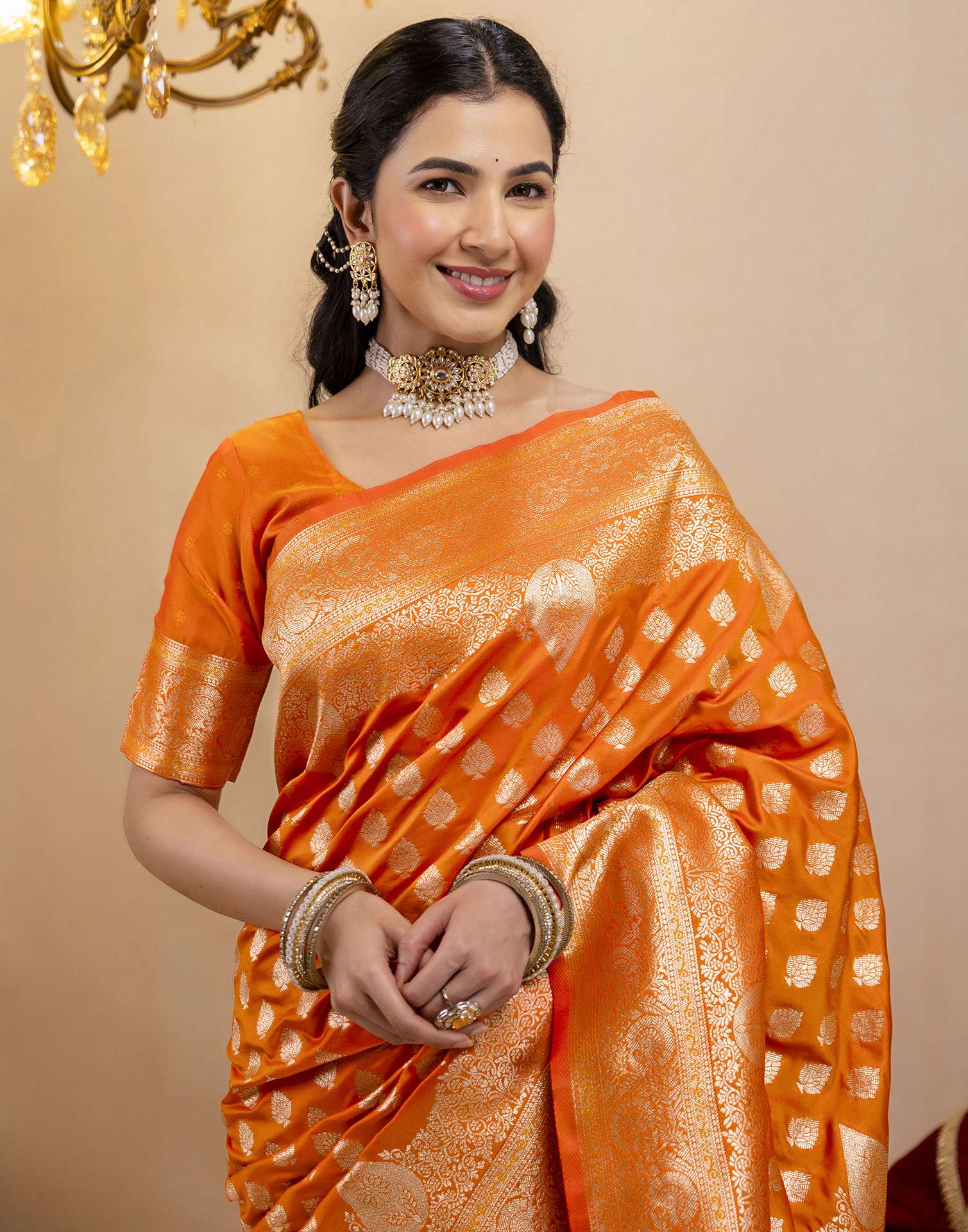 Orange Silk Woven Banarasi Saree - Image 2