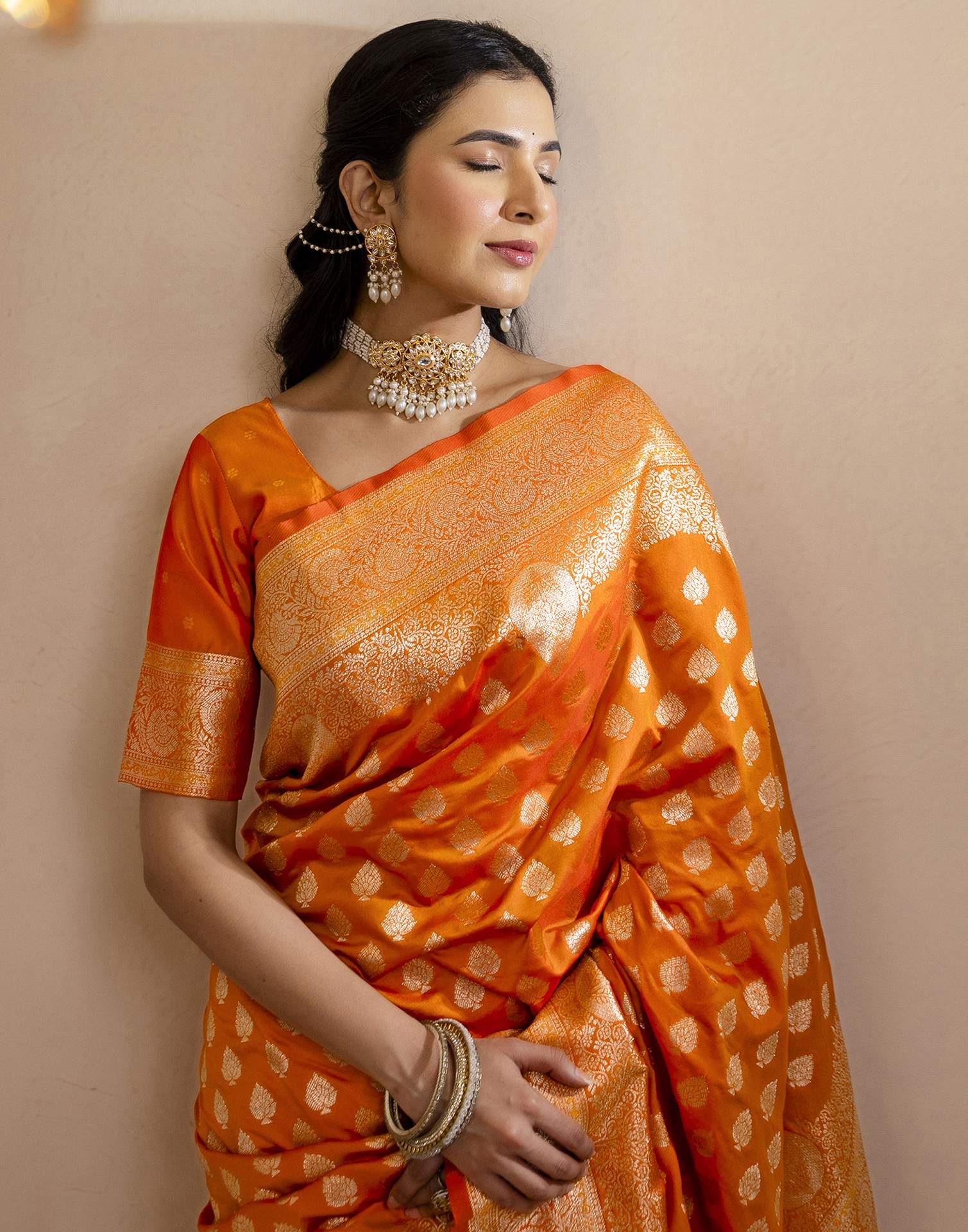 Orange Silk Woven Banarasi Saree - Image 4
