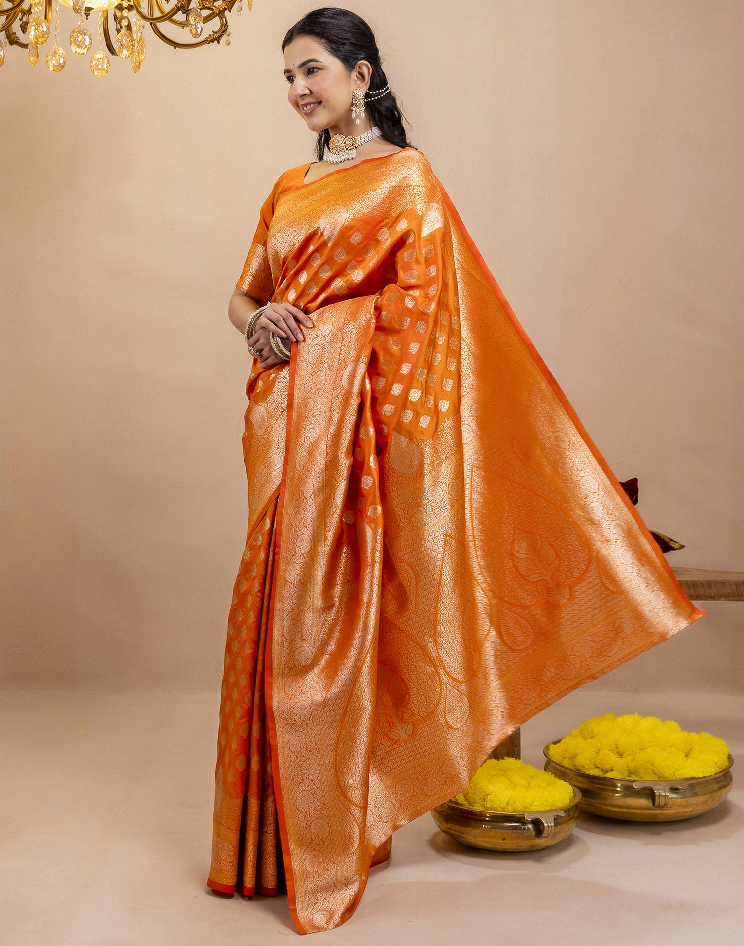 Orange Silk Woven Banarasi Saree - Image 5