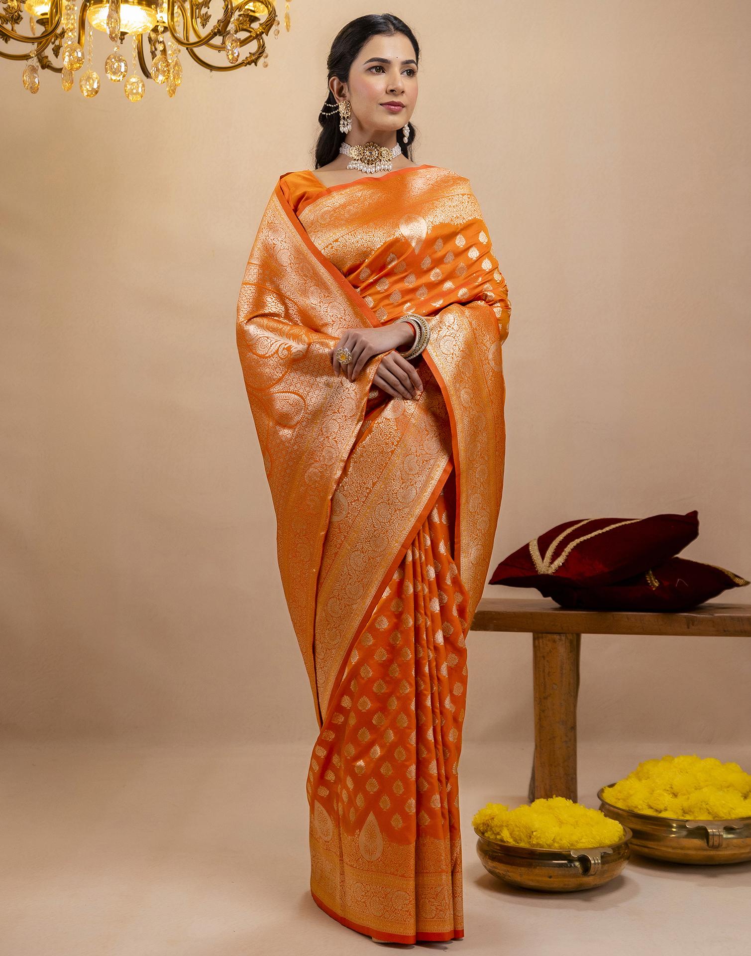 Orange Silk Woven Banarasi Saree - Image 8
