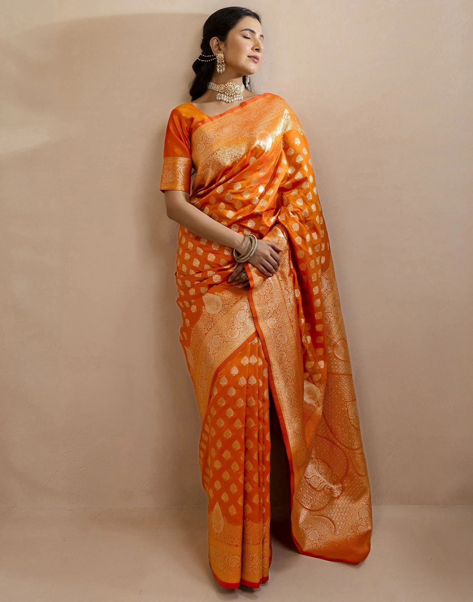 Orange Silk Woven Banarasi Saree - Image 9