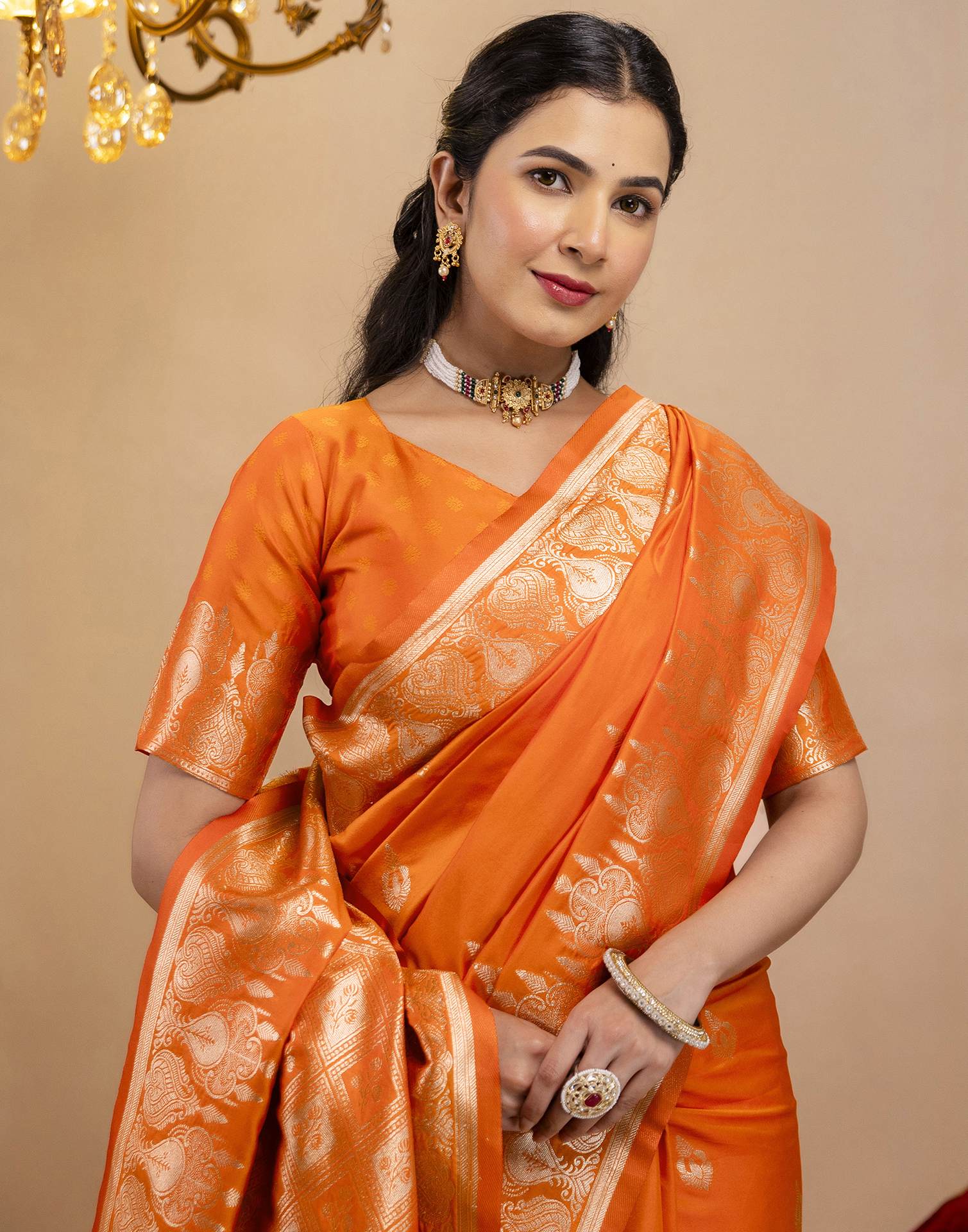 Orange Silk Woven Banarasi Saree - Image 4