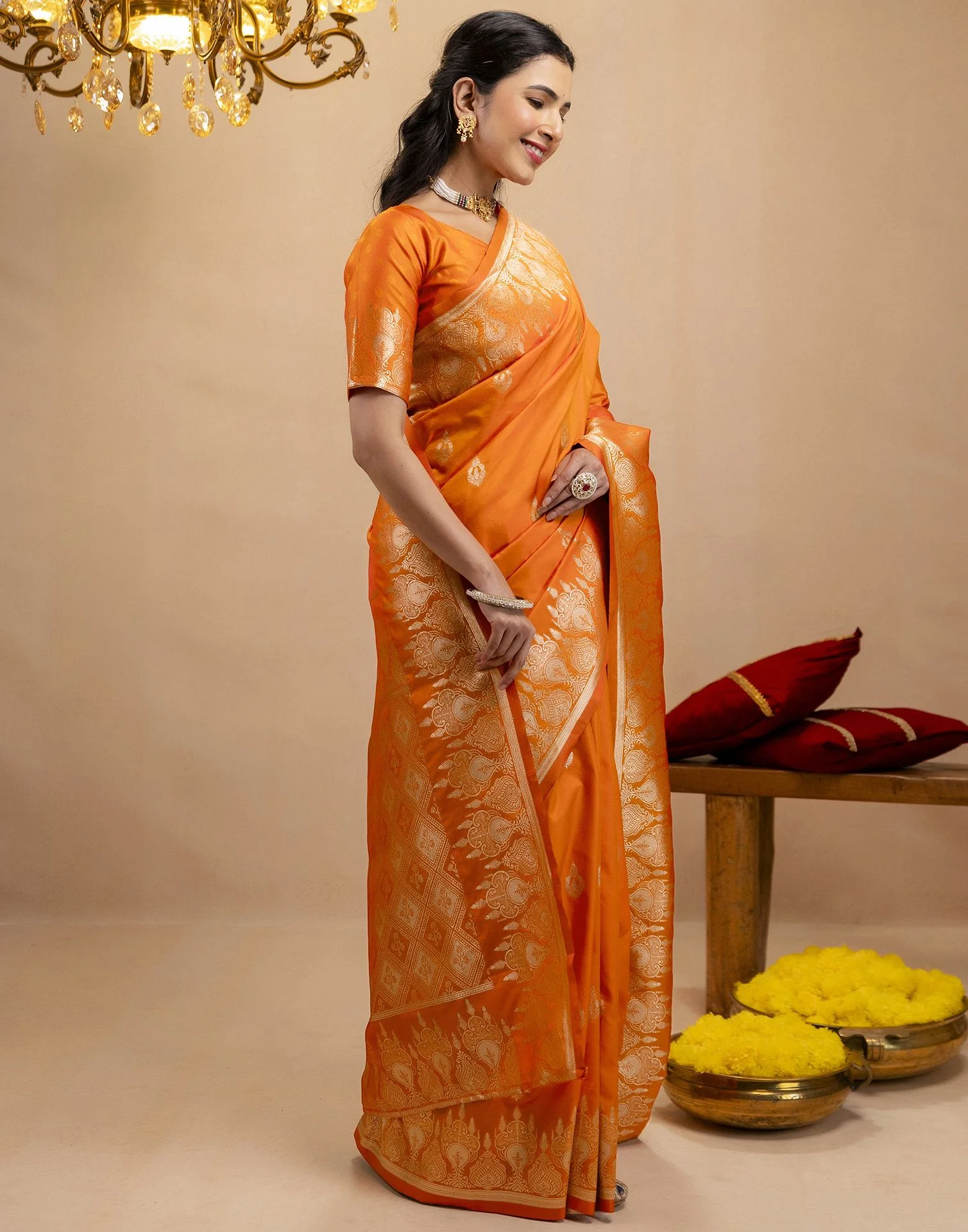 Orange Silk Woven Banarasi Saree - Image 6