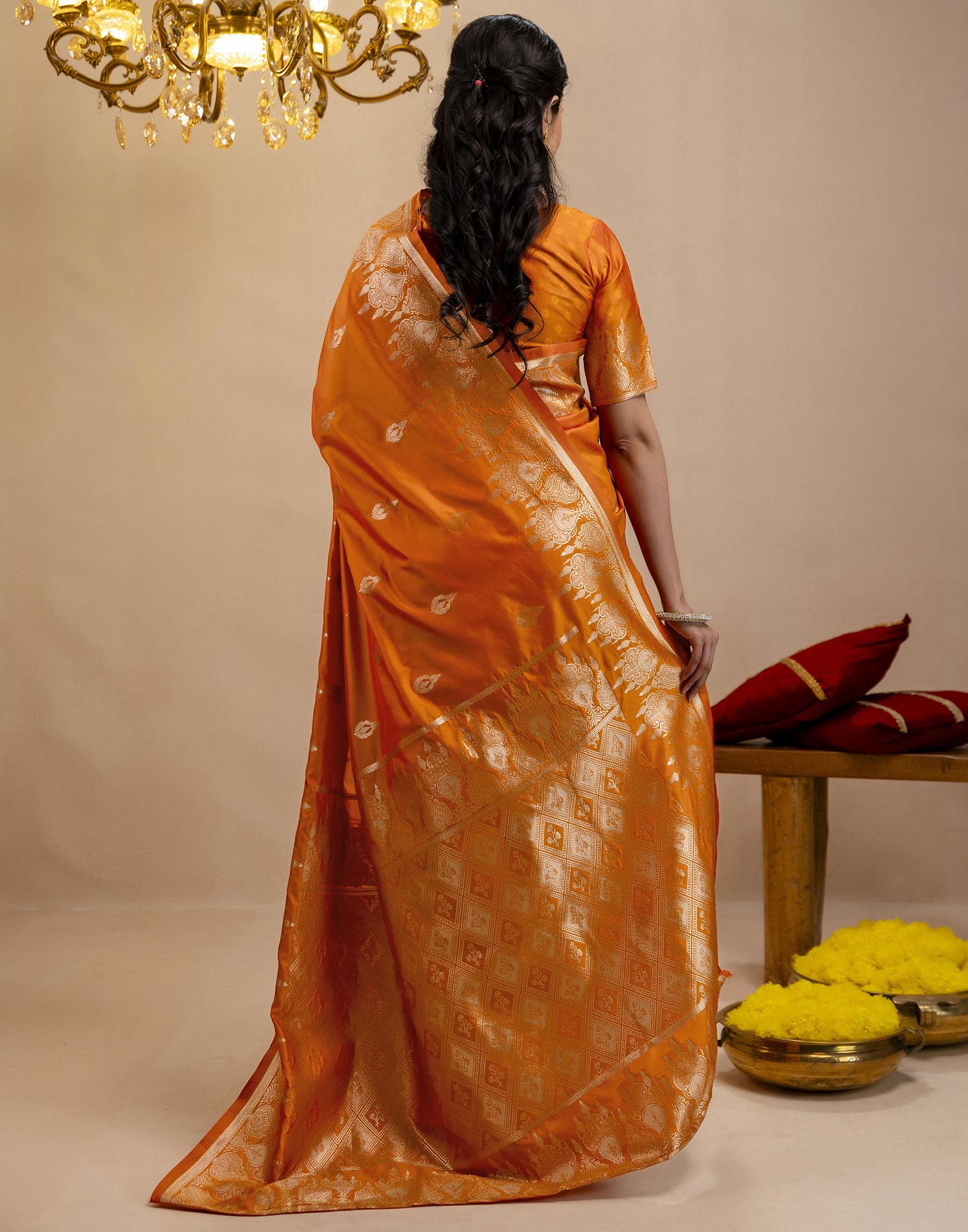 Orange Silk Woven Banarasi Saree - Image 7