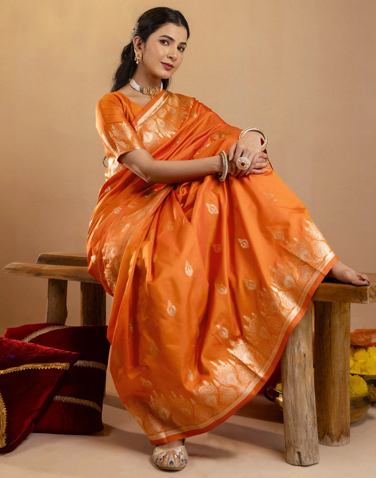 Orange Silk Woven Banarasi Saree - Image 9