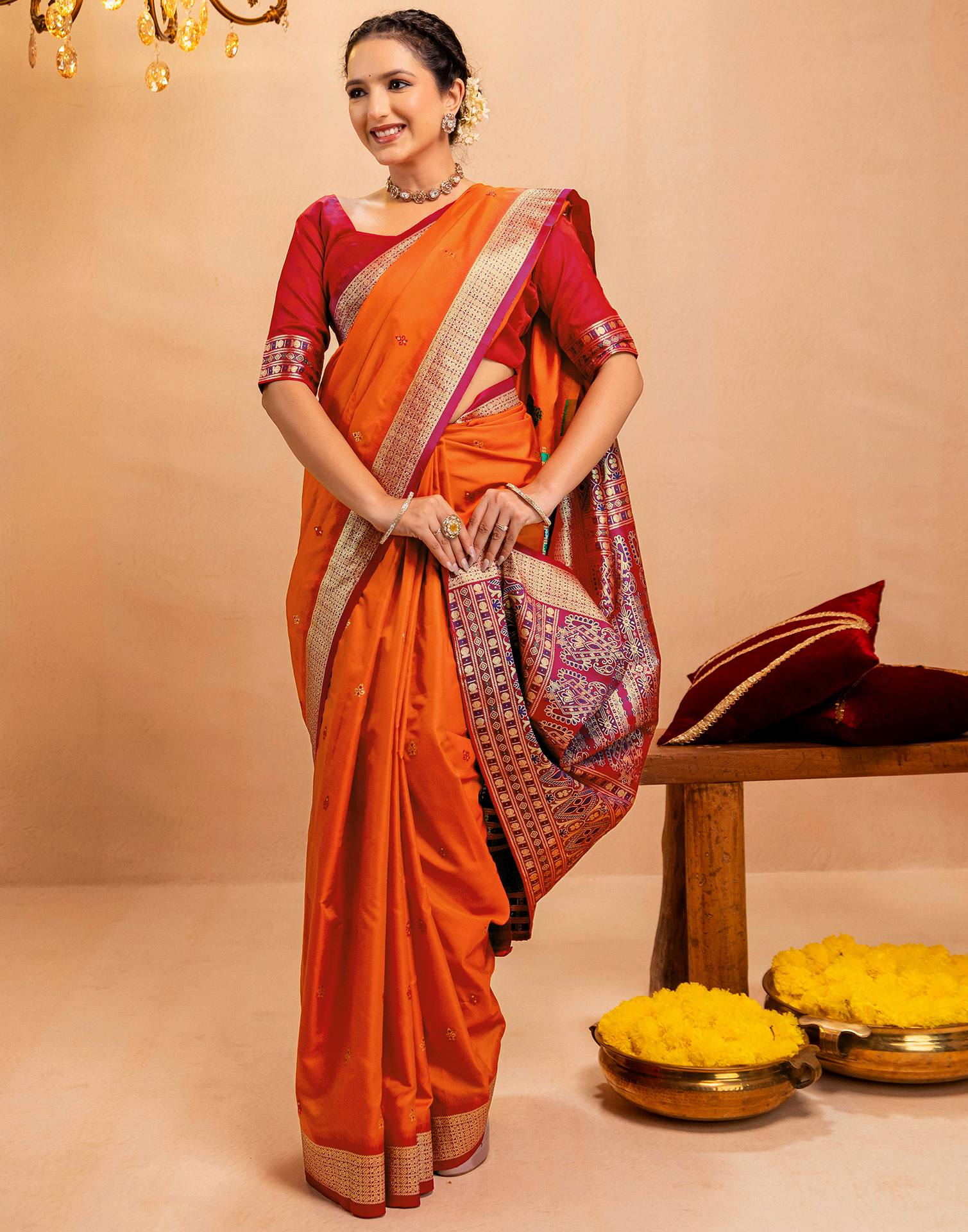 Orange Silk Woven Banarasi Saree - Image 10