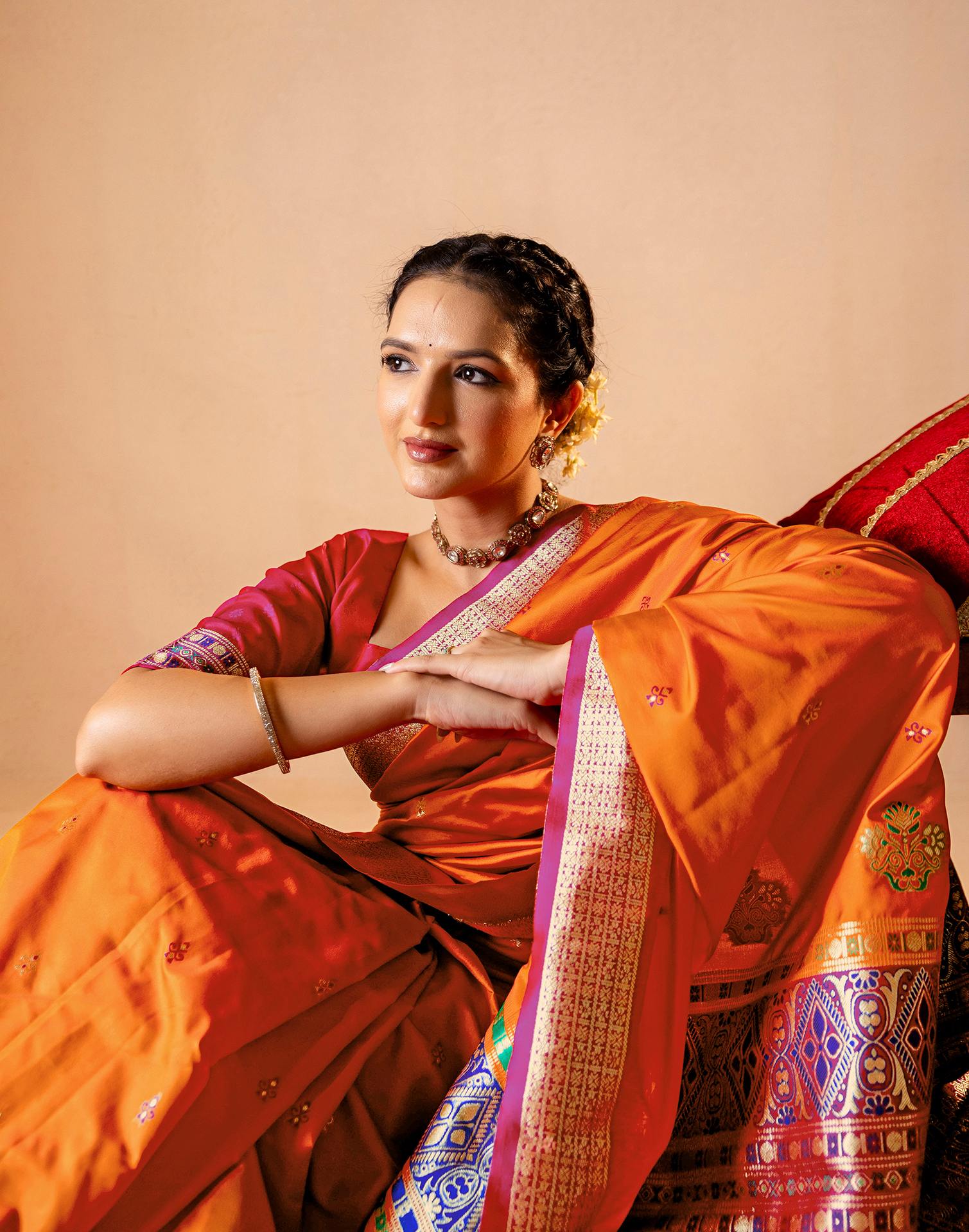 Orange Silk Woven Banarasi Saree - Image 2