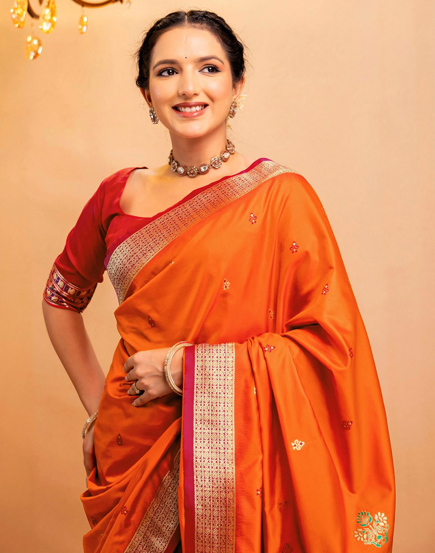 Orange Silk Woven Banarasi Saree - Image 4