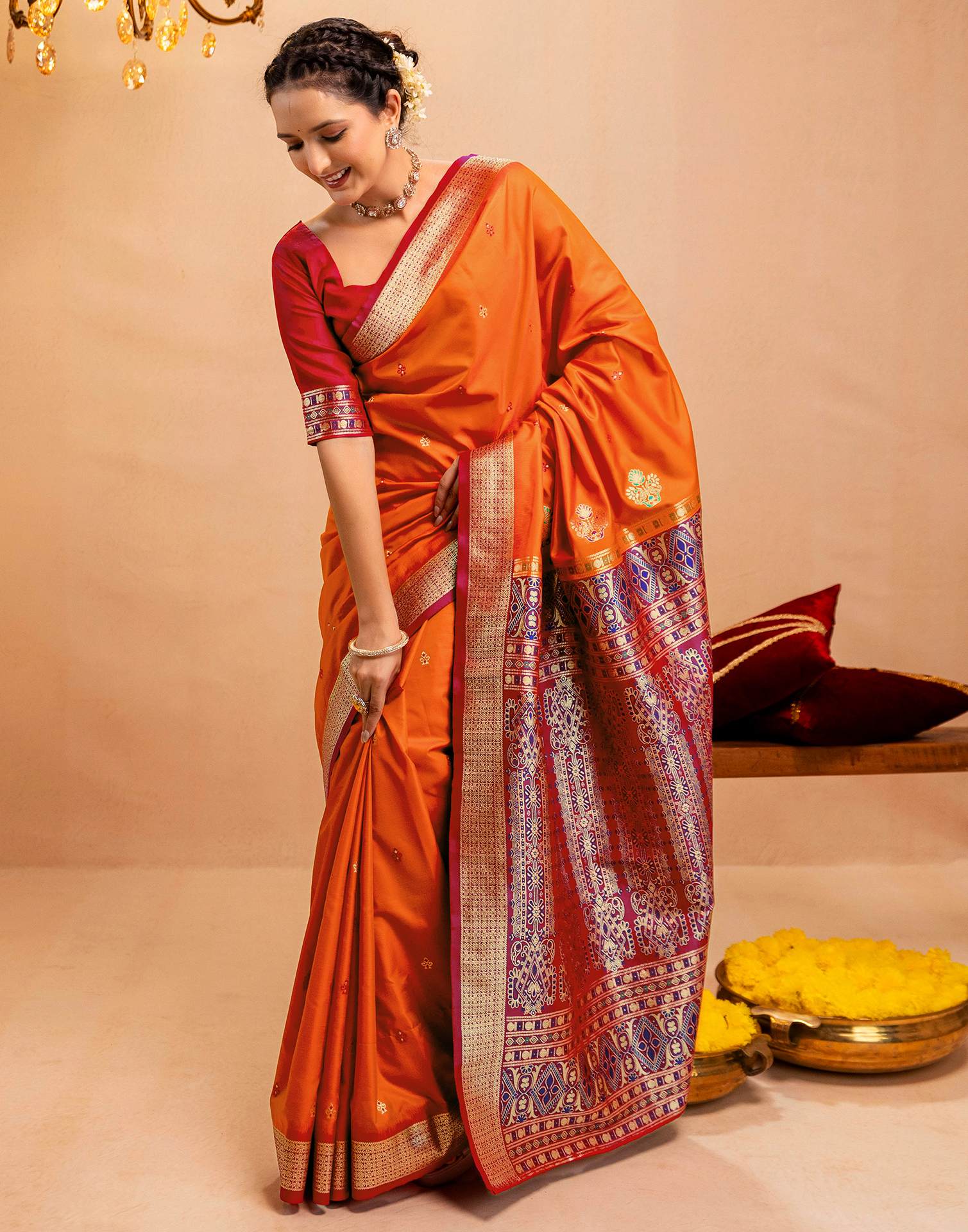 Orange Silk Woven Banarasi Saree - Image 6