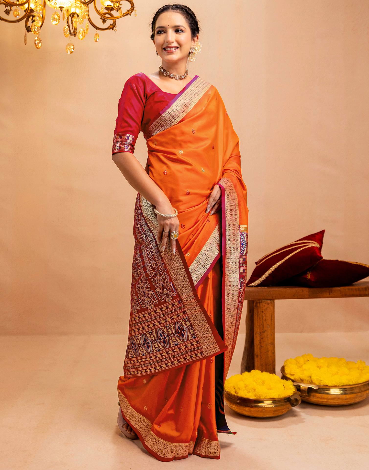 Orange Silk Woven Banarasi Saree - Image 7