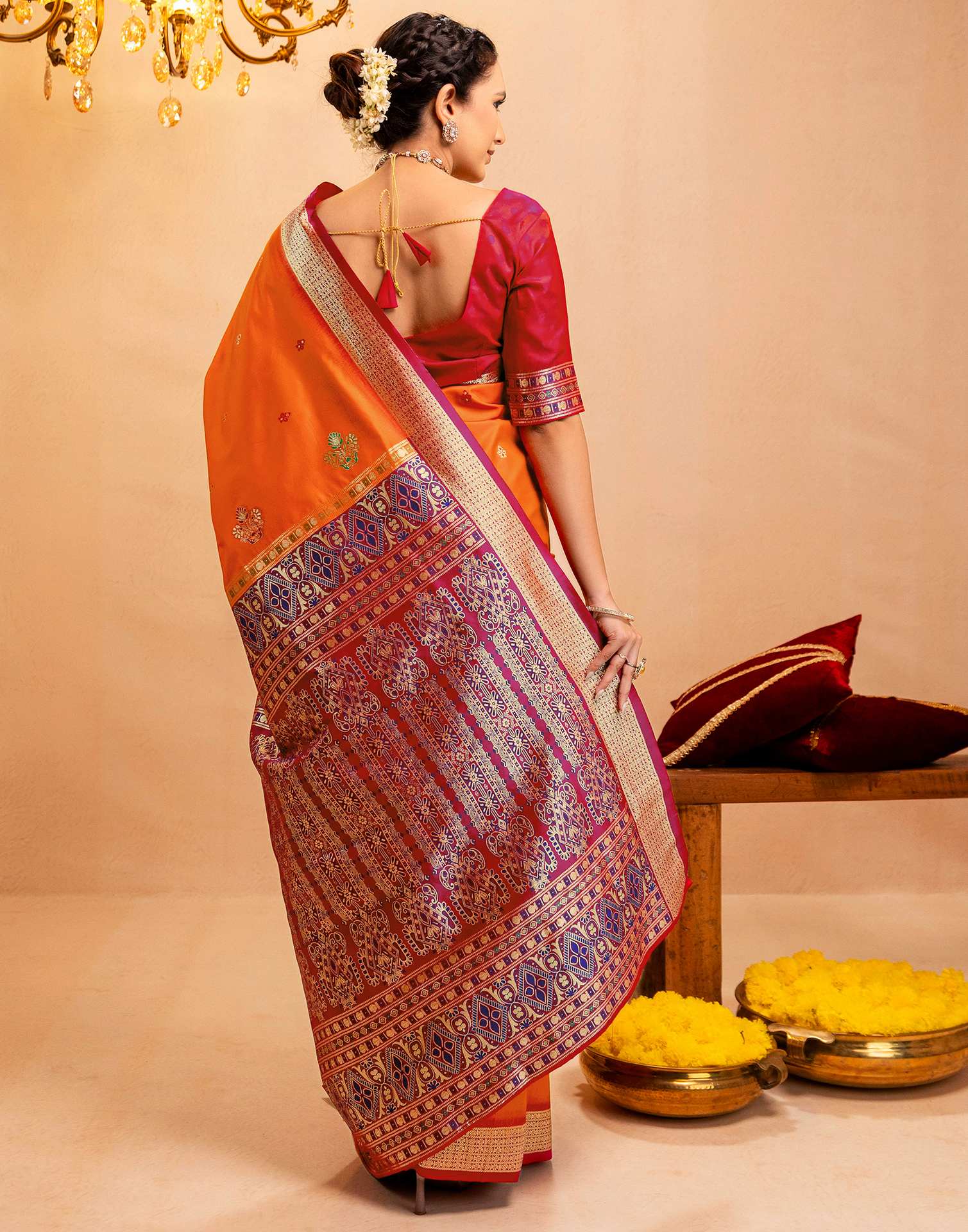 Orange Silk Woven Banarasi Saree - Image 8