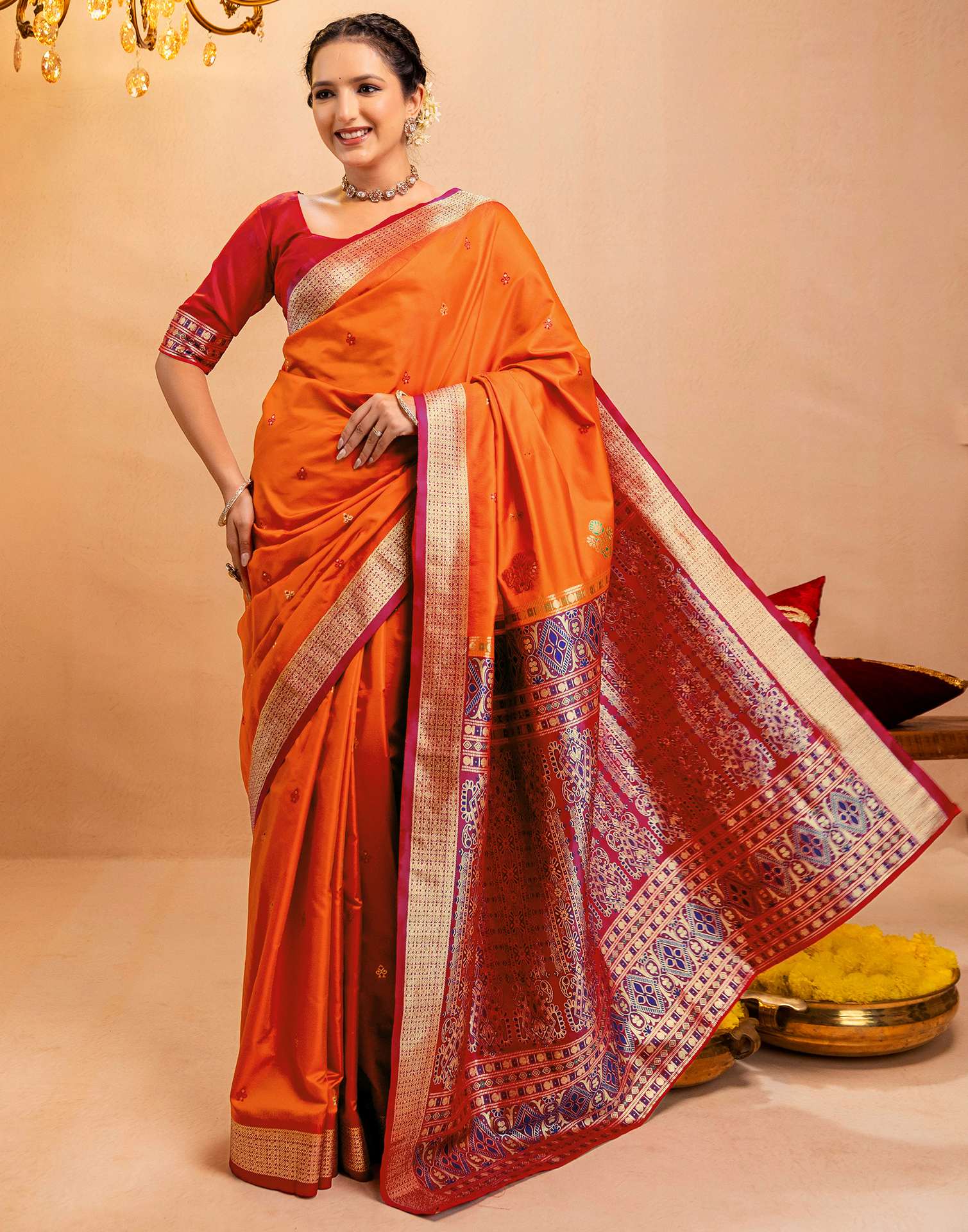 Orange Silk Woven Banarasi Saree - Image 9