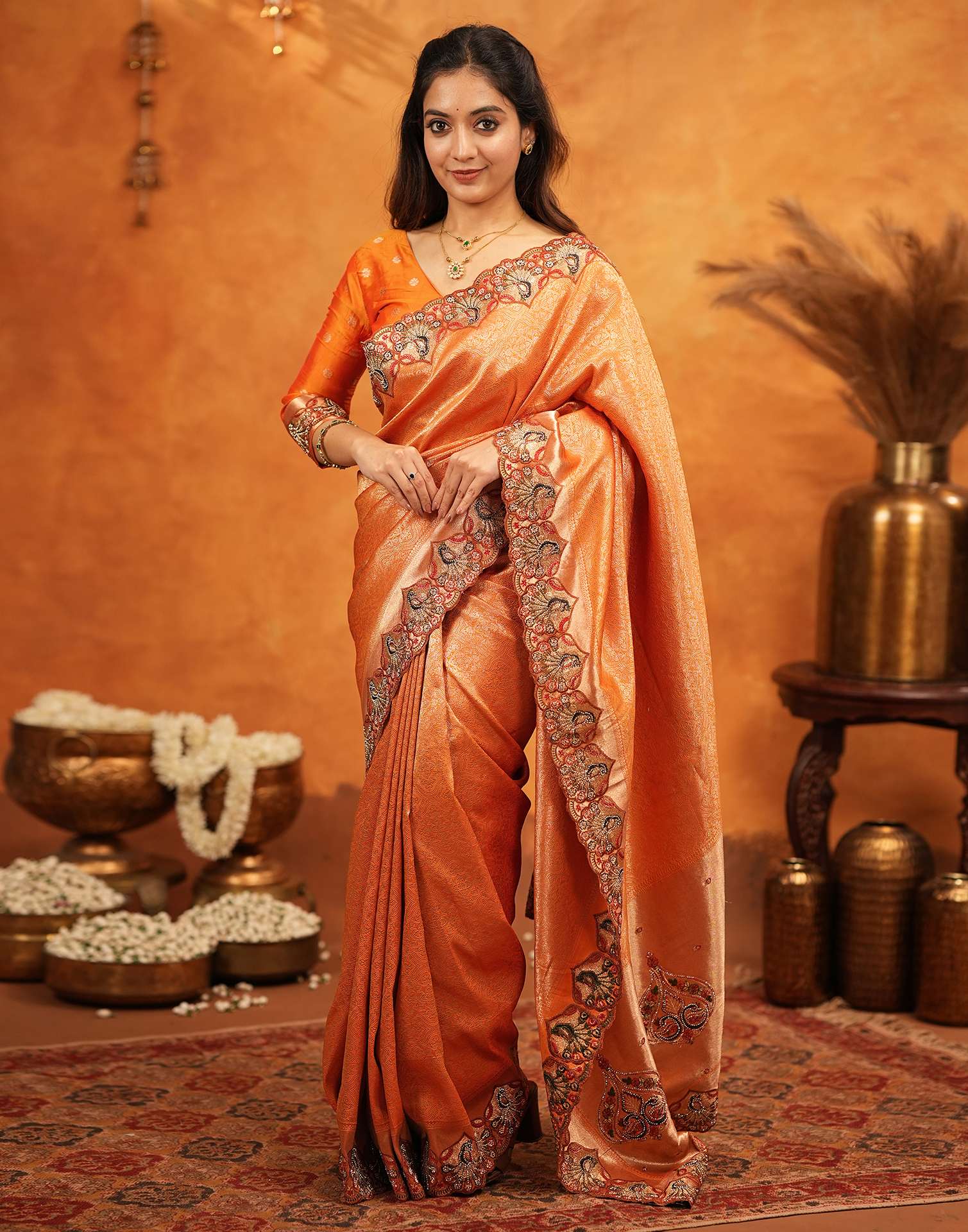 Orange Silk Woven Embroidery Stone Work Banarasi Saree - Image 10