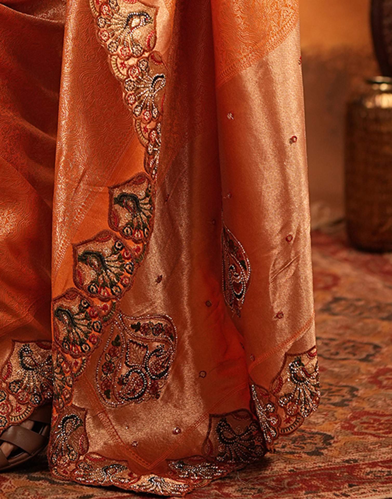 Orange Silk Woven Embroidery Stone Work Banarasi Saree - Image 13