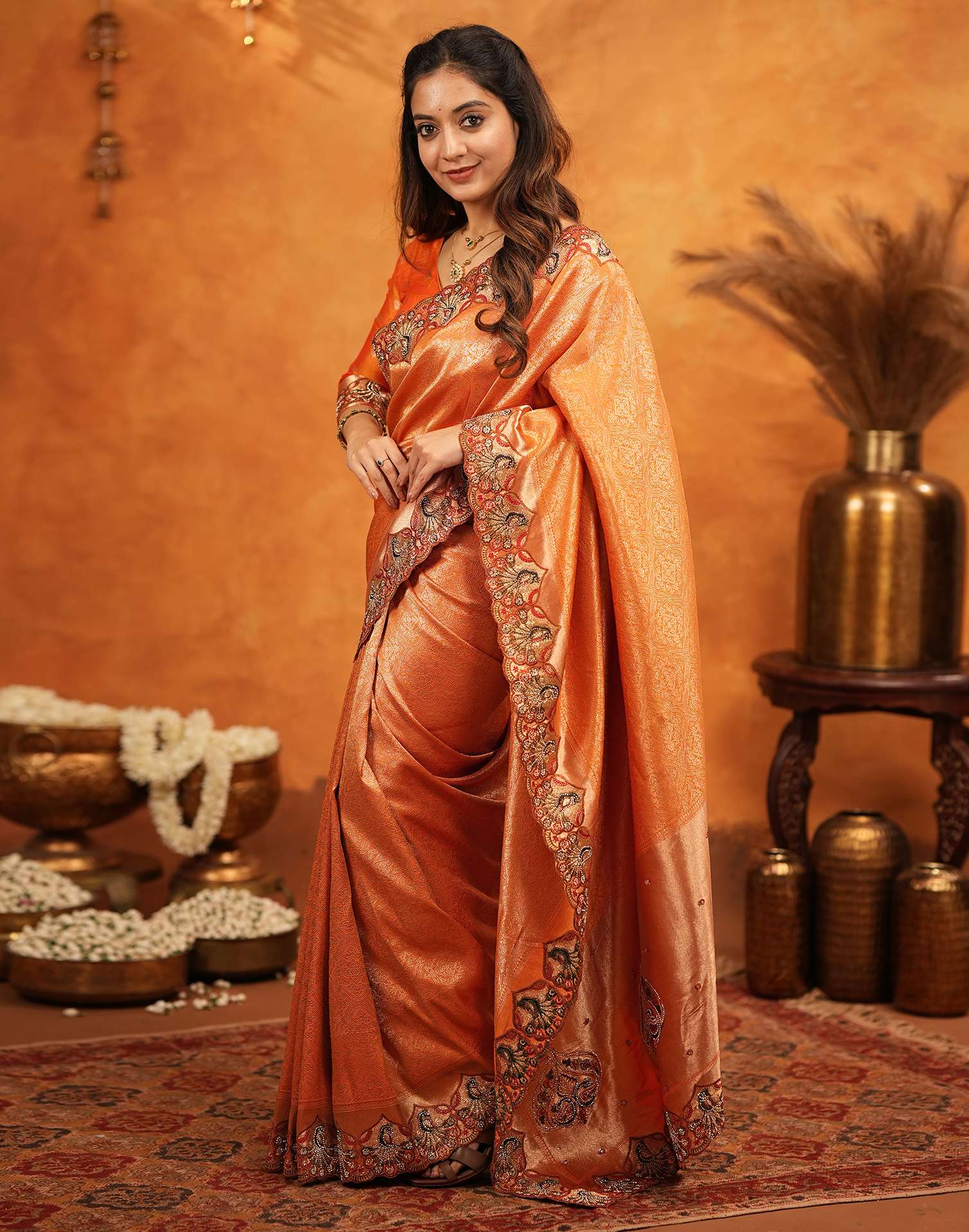 Orange Silk Woven Embroidery Stone Work Banarasi Saree - Image 5