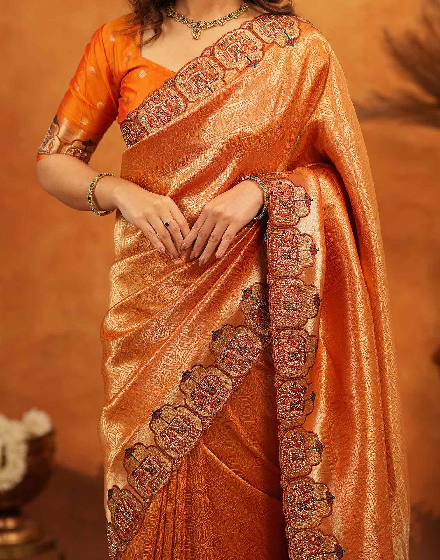 Orange Silk Woven Embroidery Stone Work Banarasi Saree - Image 11