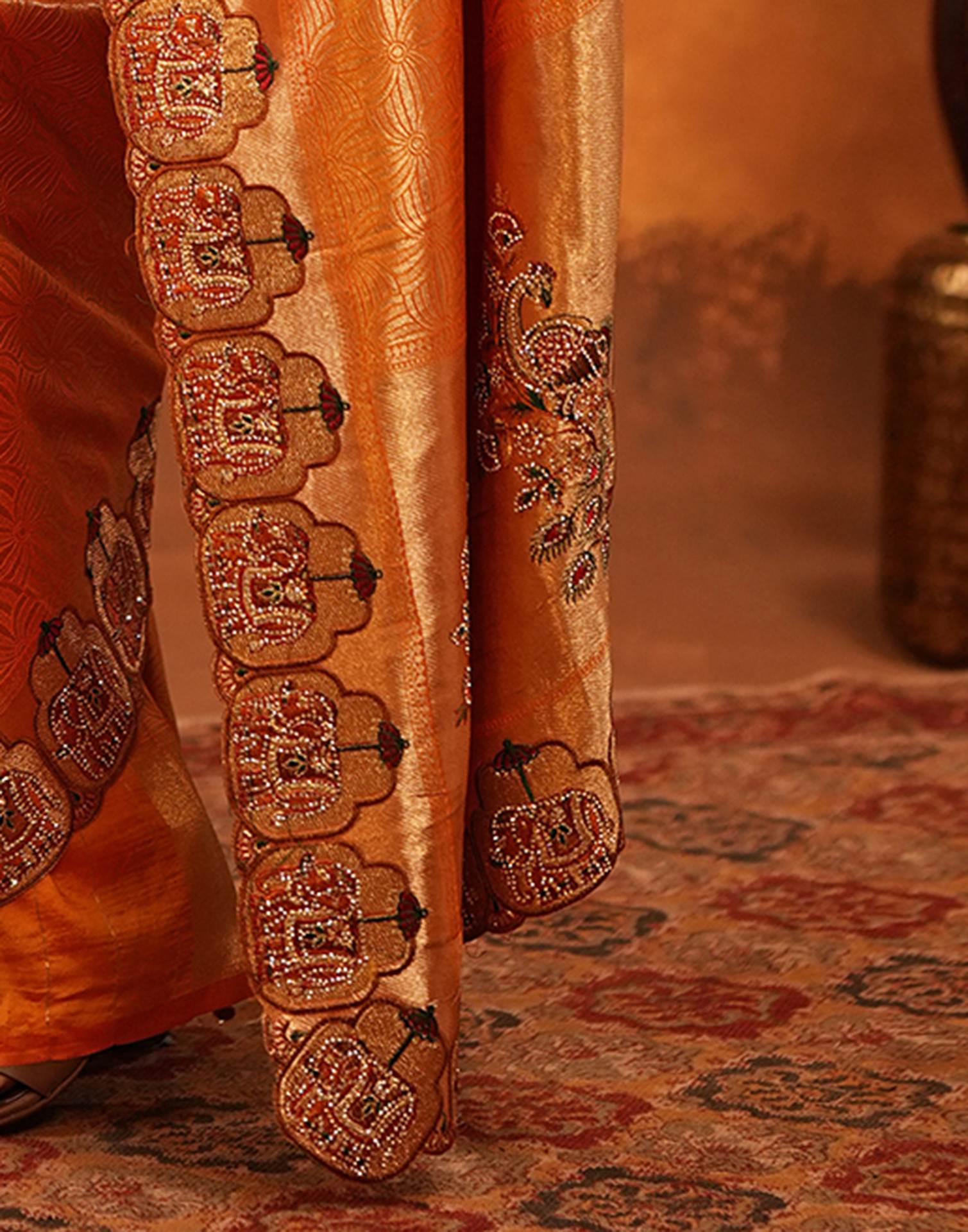 Orange Silk Woven Embroidery Stone Work Banarasi Saree - Image 12