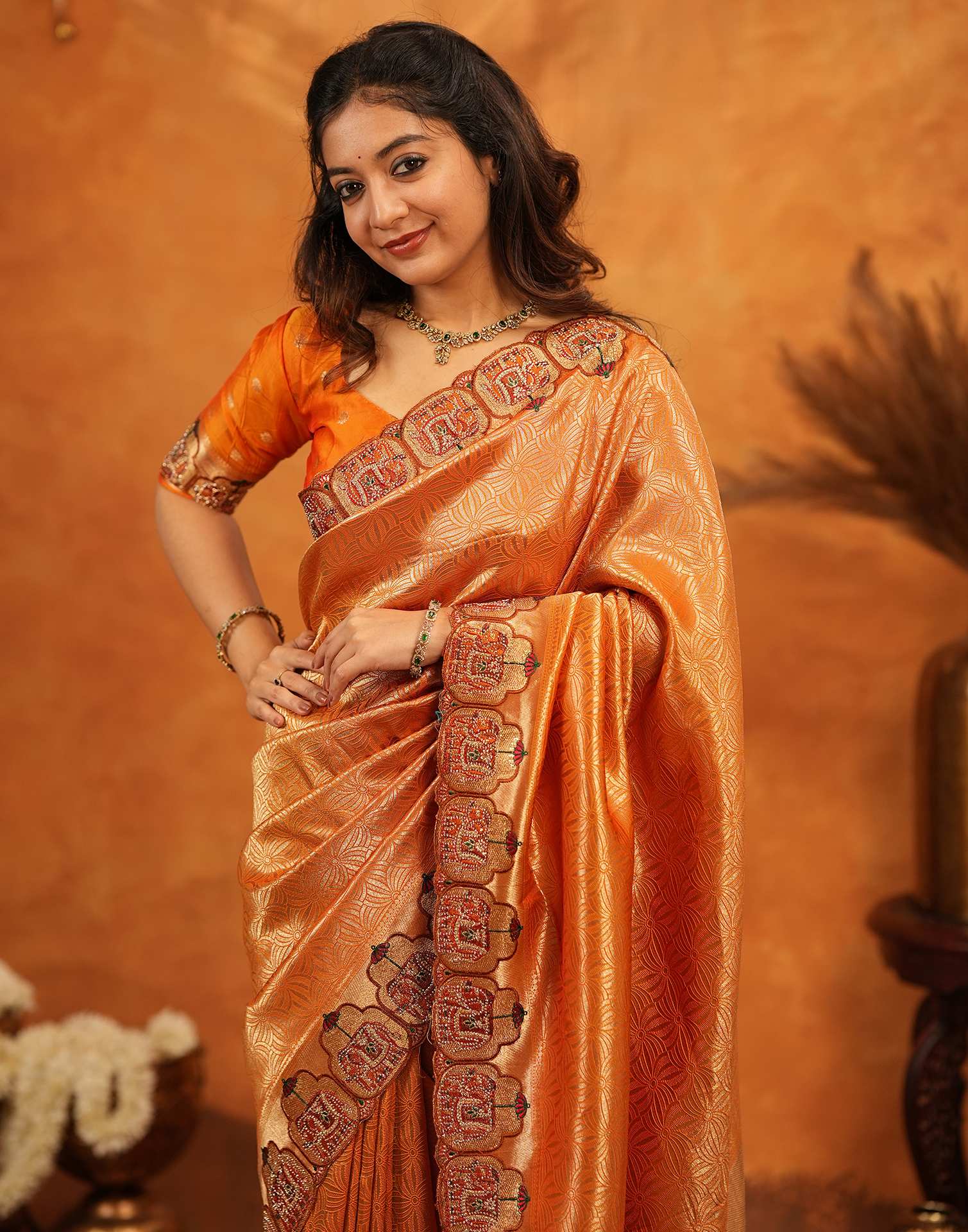 Orange Silk Woven Embroidery Stone Work Banarasi Saree - Image 2