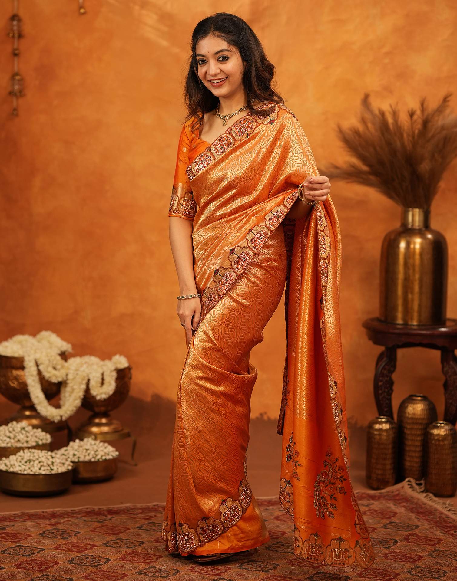 Orange Silk Woven Embroidery Stone Work Banarasi Saree - Image 5