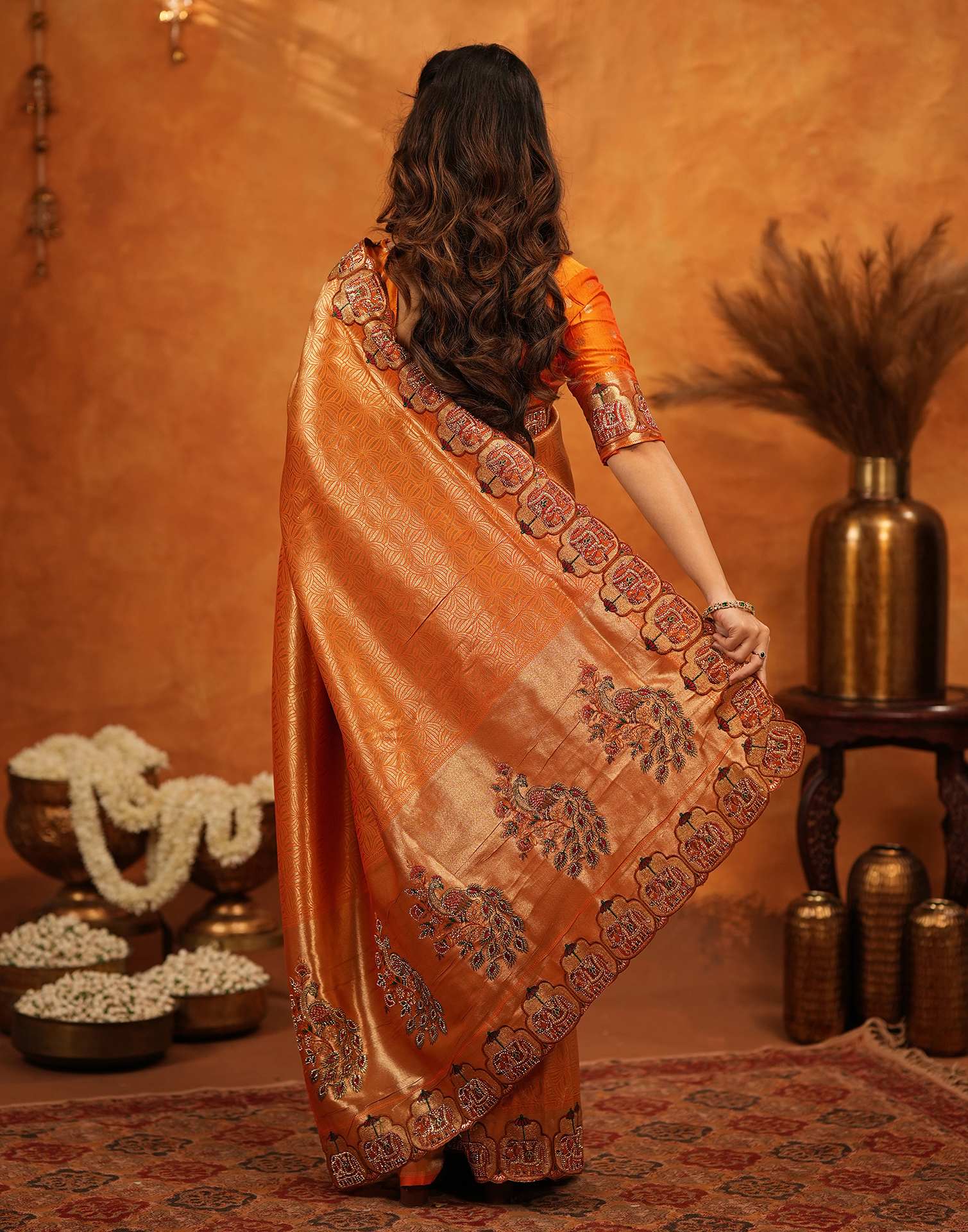 Orange Silk Woven Embroidery Stone Work Banarasi Saree - Image 6