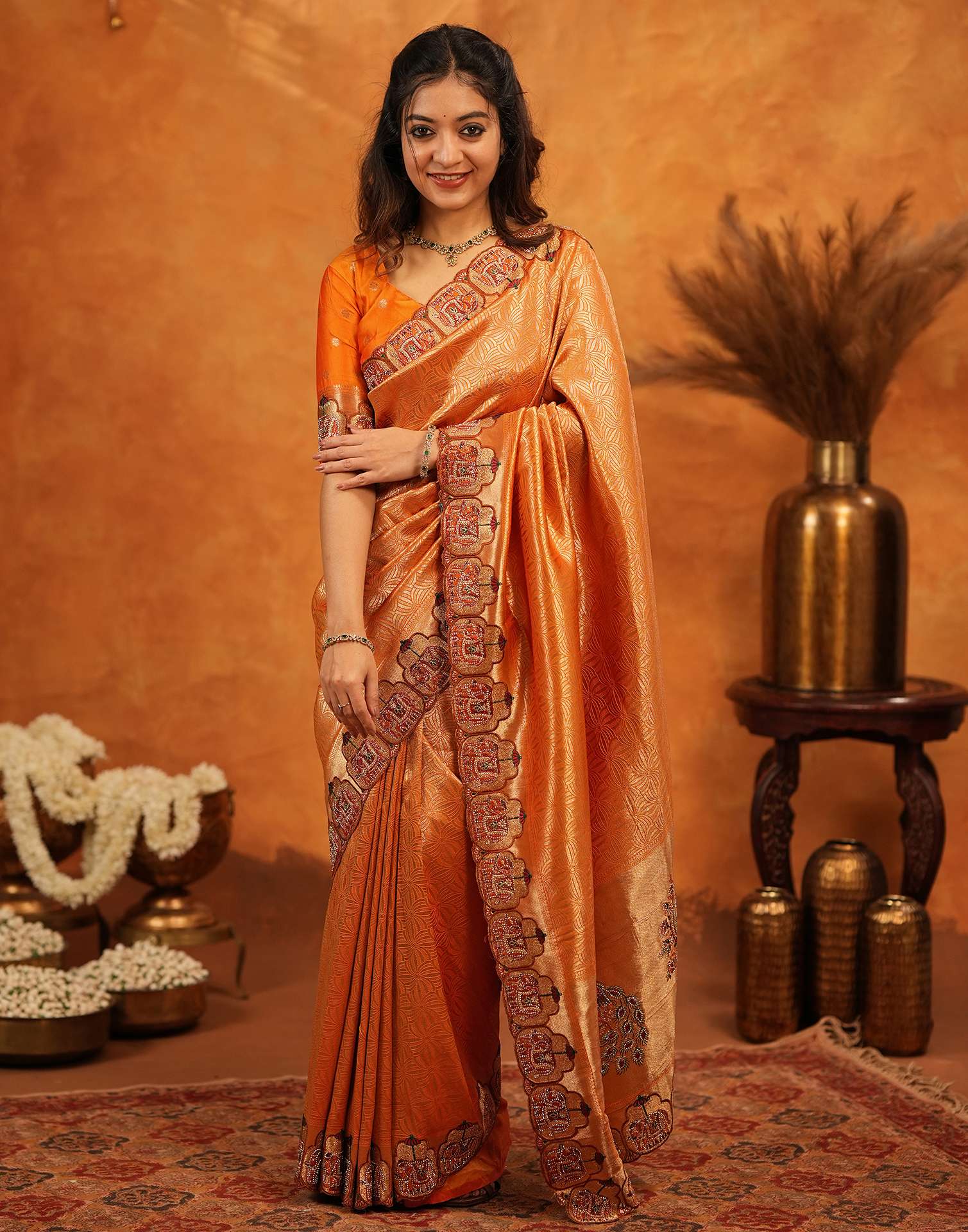Orange Silk Woven Embroidery Stone Work Banarasi Saree - Image 7