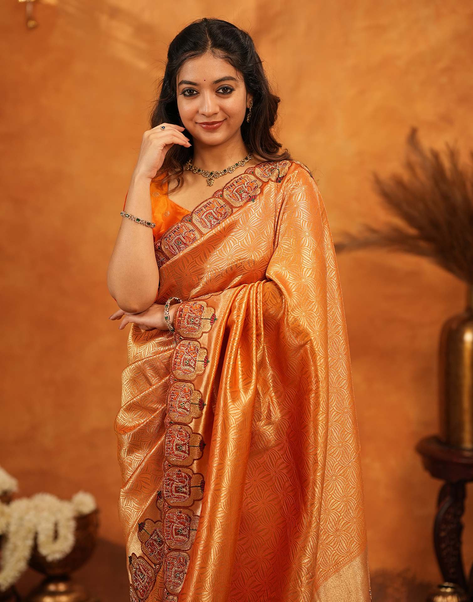 Orange Silk Woven Embroidery Stone Work Banarasi Saree - Image 9