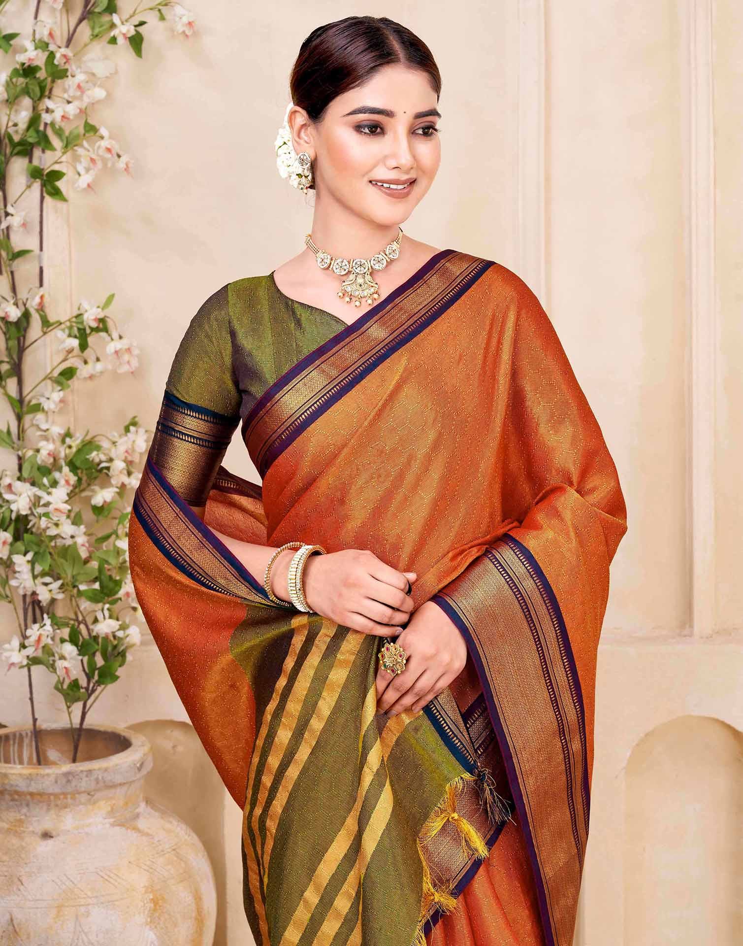 Orange Silk Woven Kanjivaram Saree - Image 2