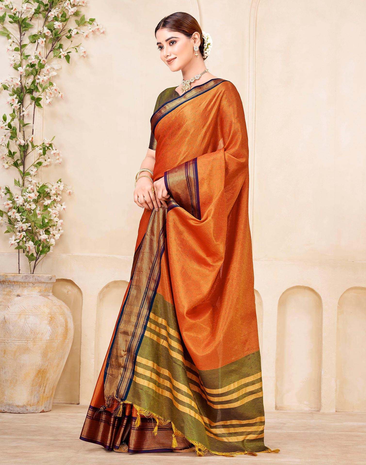 Orange Silk Woven Kanjivaram Saree - Image 5