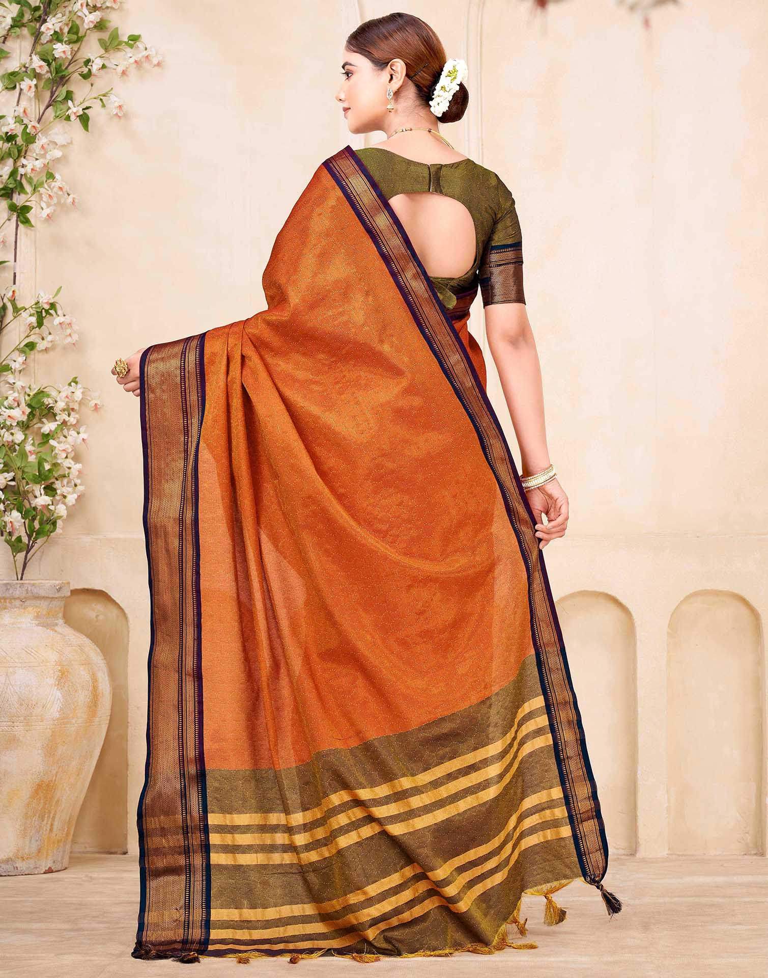 Orange Silk Woven Kanjivaram Saree - Image 6
