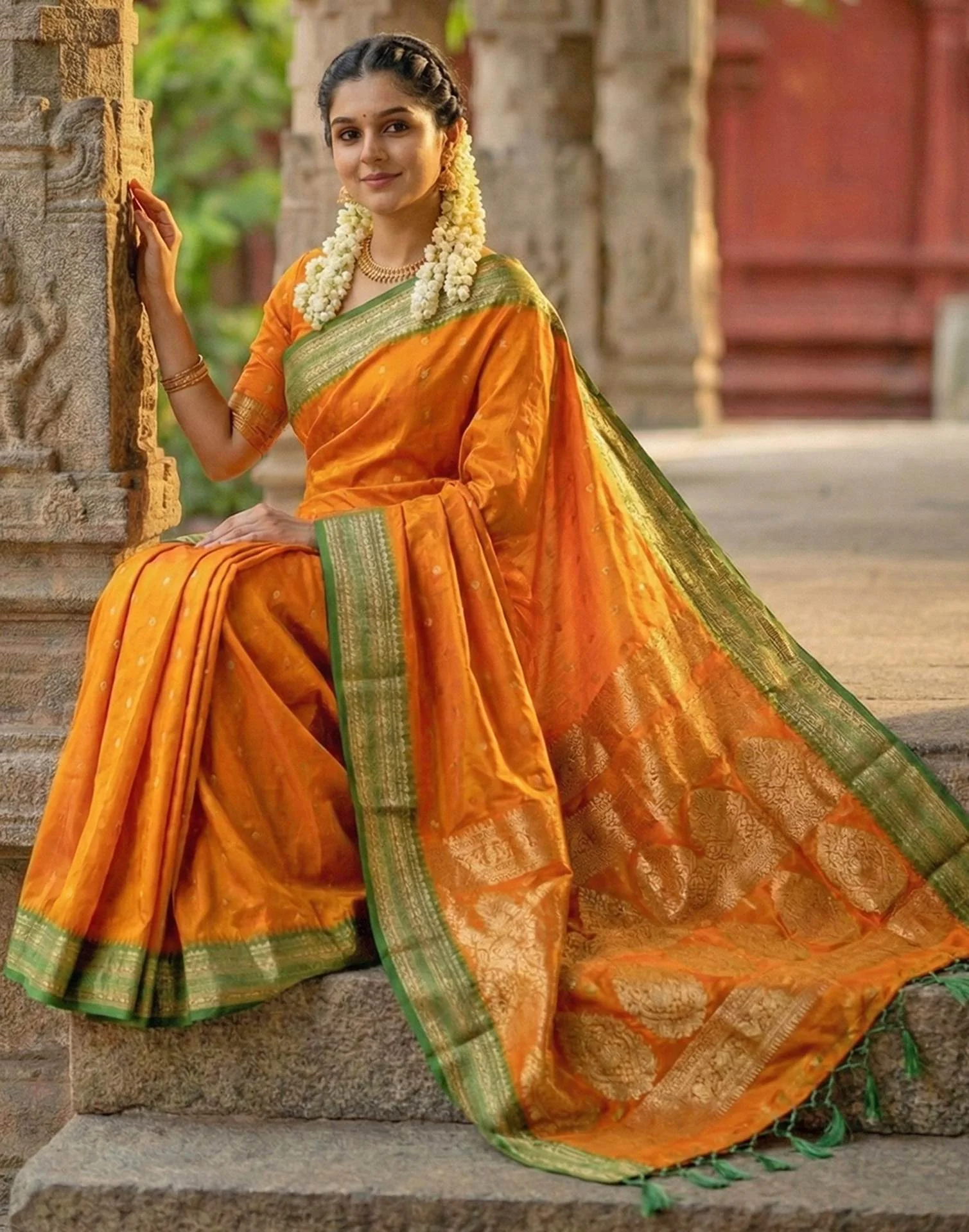 Orange Silk Woven Kanjivaram Saree - Image 2