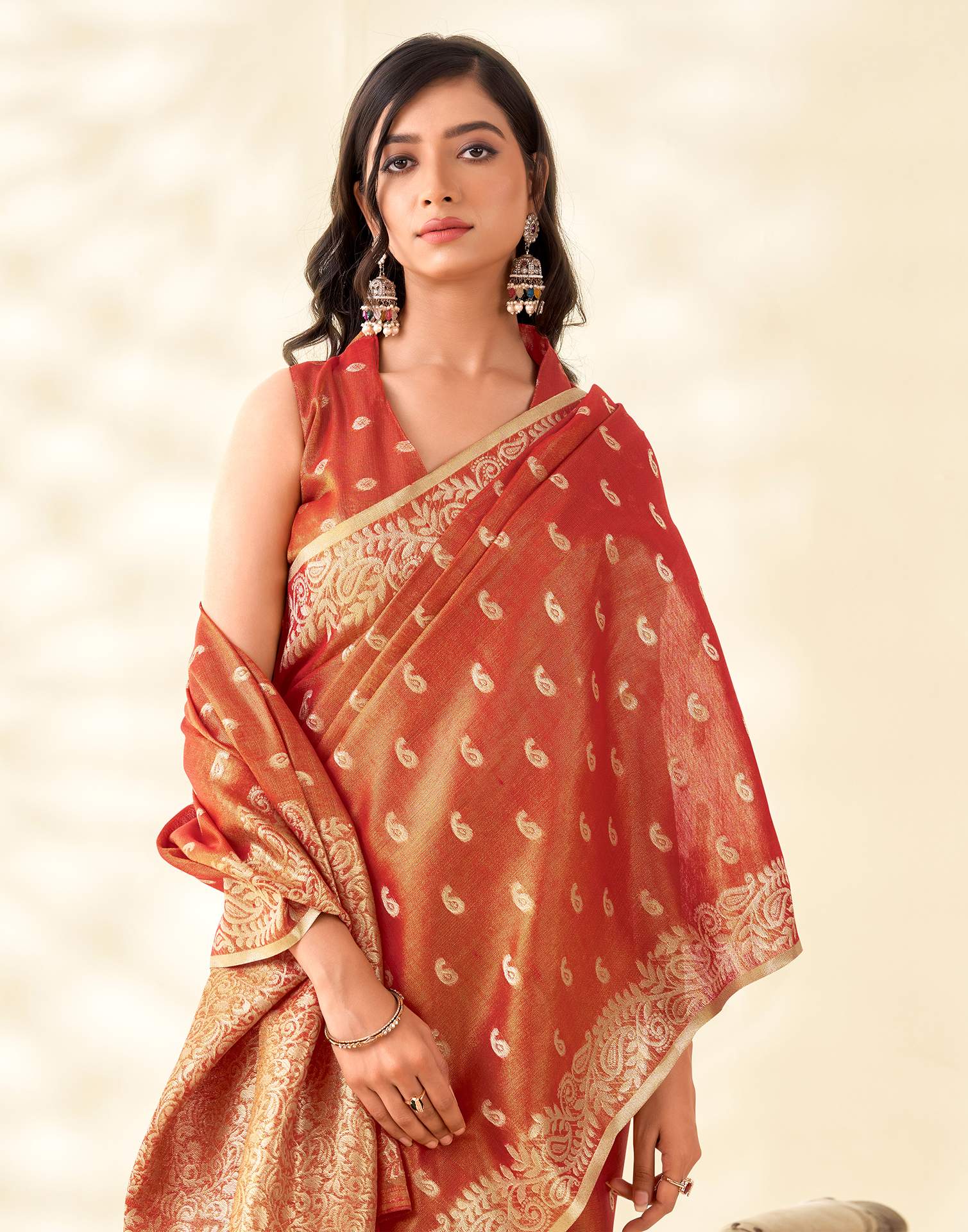 Orange Tissue Linen Woven Saree - Image 2