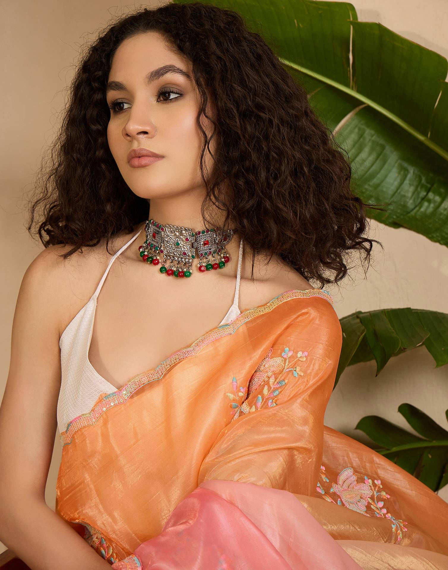 Orange Tissue Silk Sequence Embroidery Saree - Image 2