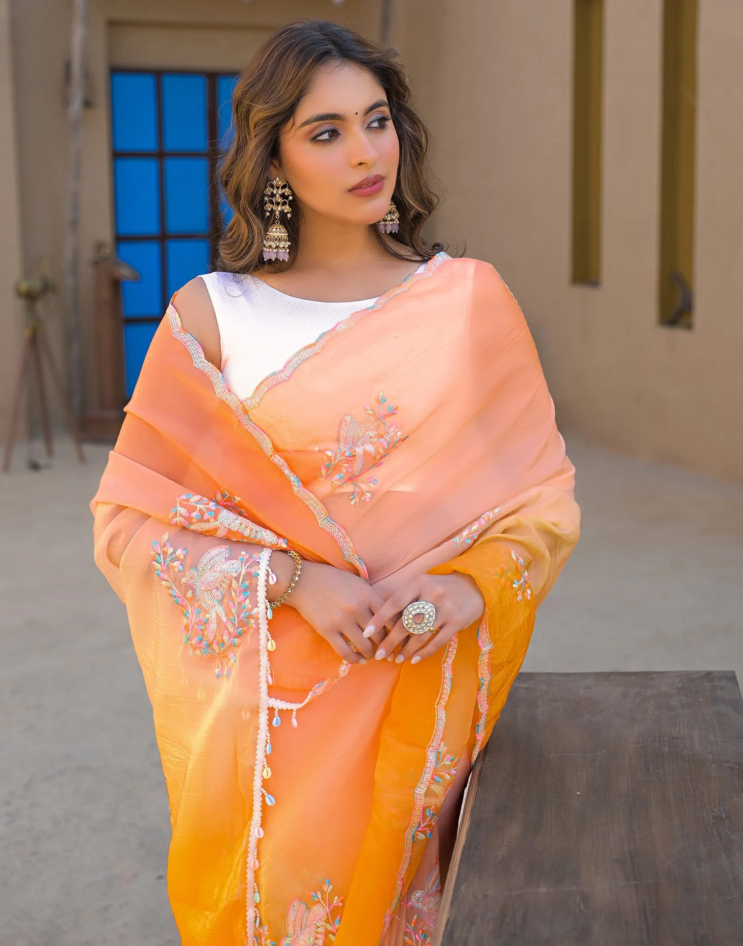 Orange Tissue Silk Sequence Embroidery Saree - Image 2