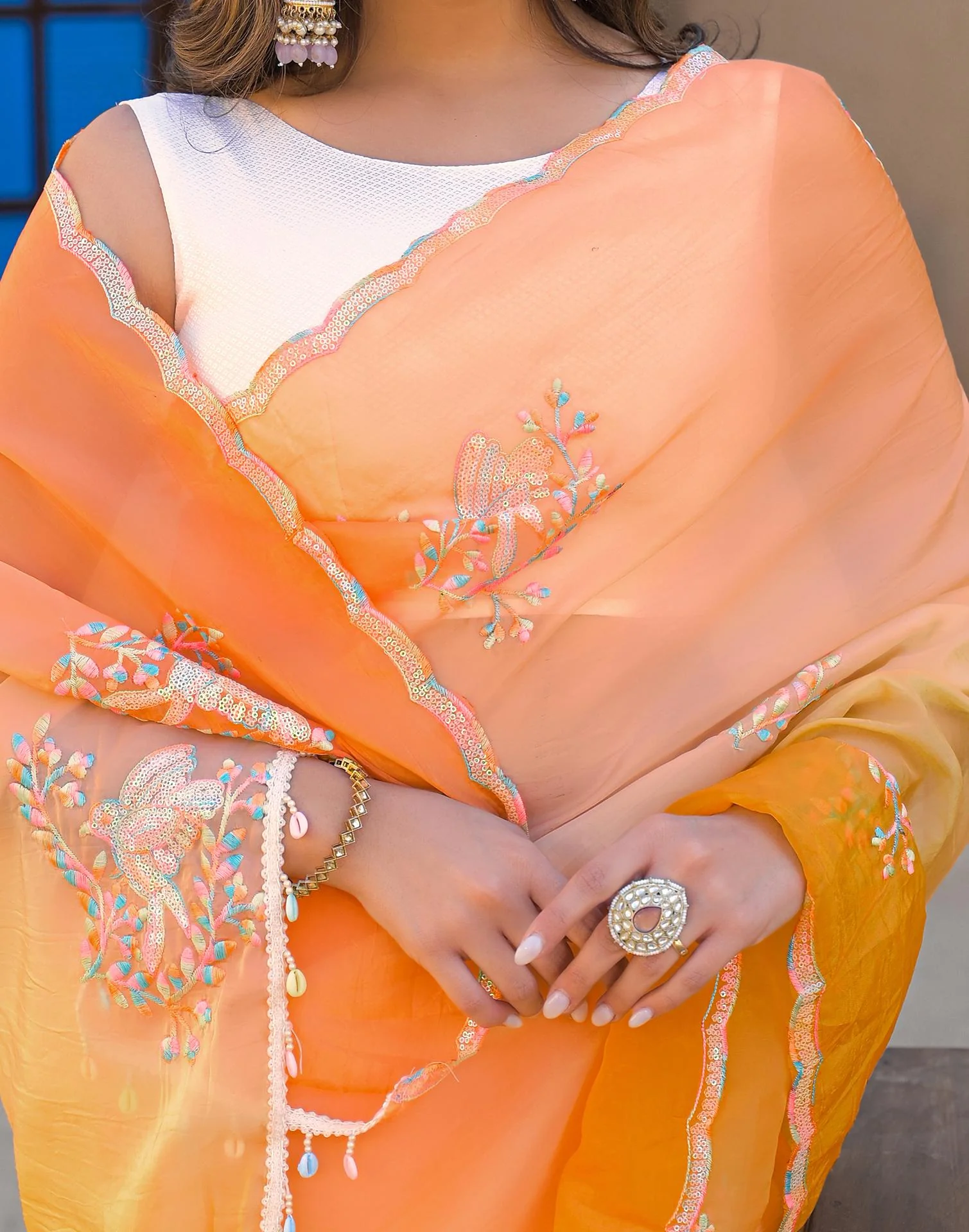 Orange Tissue Silk Sequence Embroidery Saree - Image 9