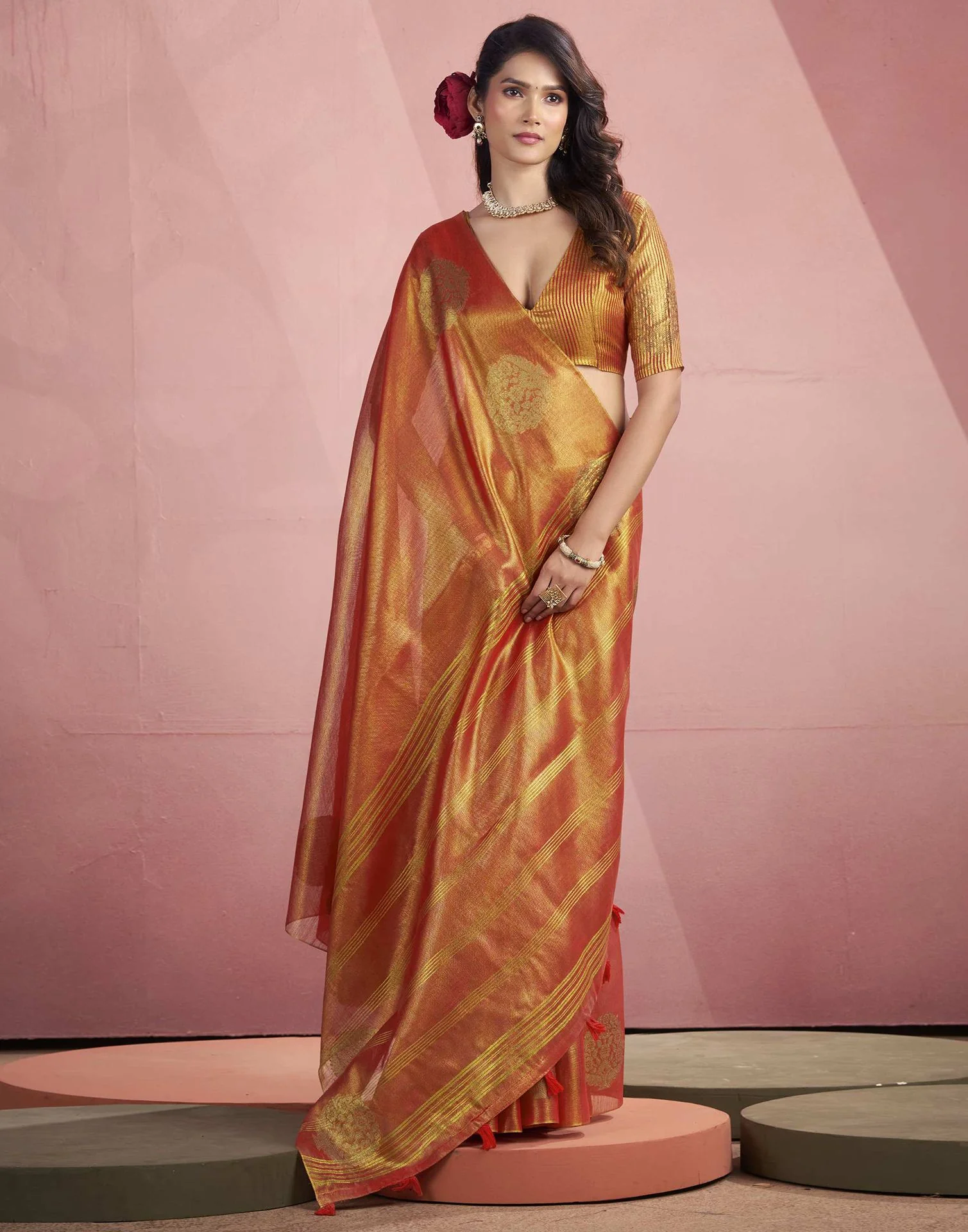 Orange Tissue Silk Woven Saree - Image 6