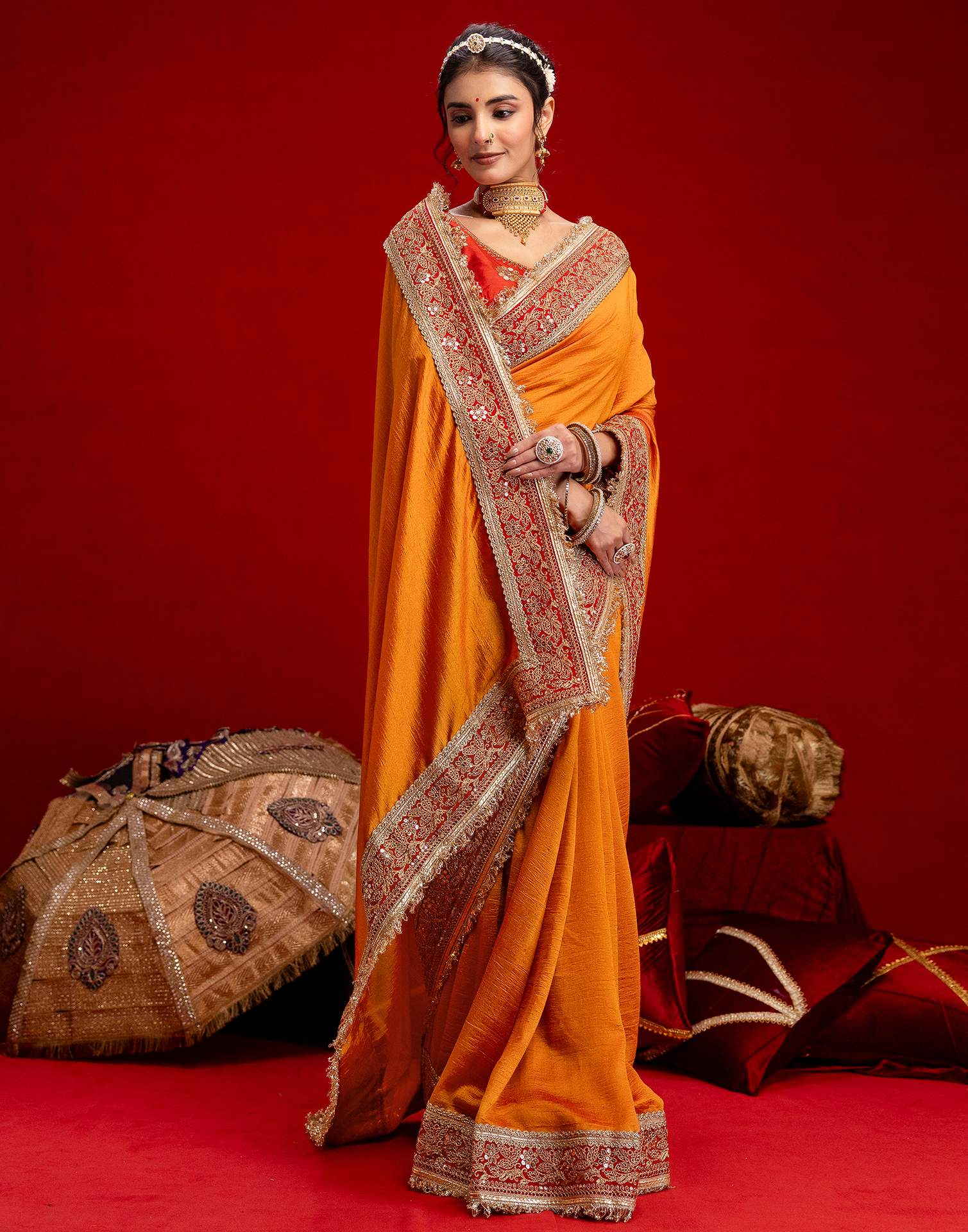 Orange Vichitra Silk Sequence Embroidery Lace Saree - Image 6