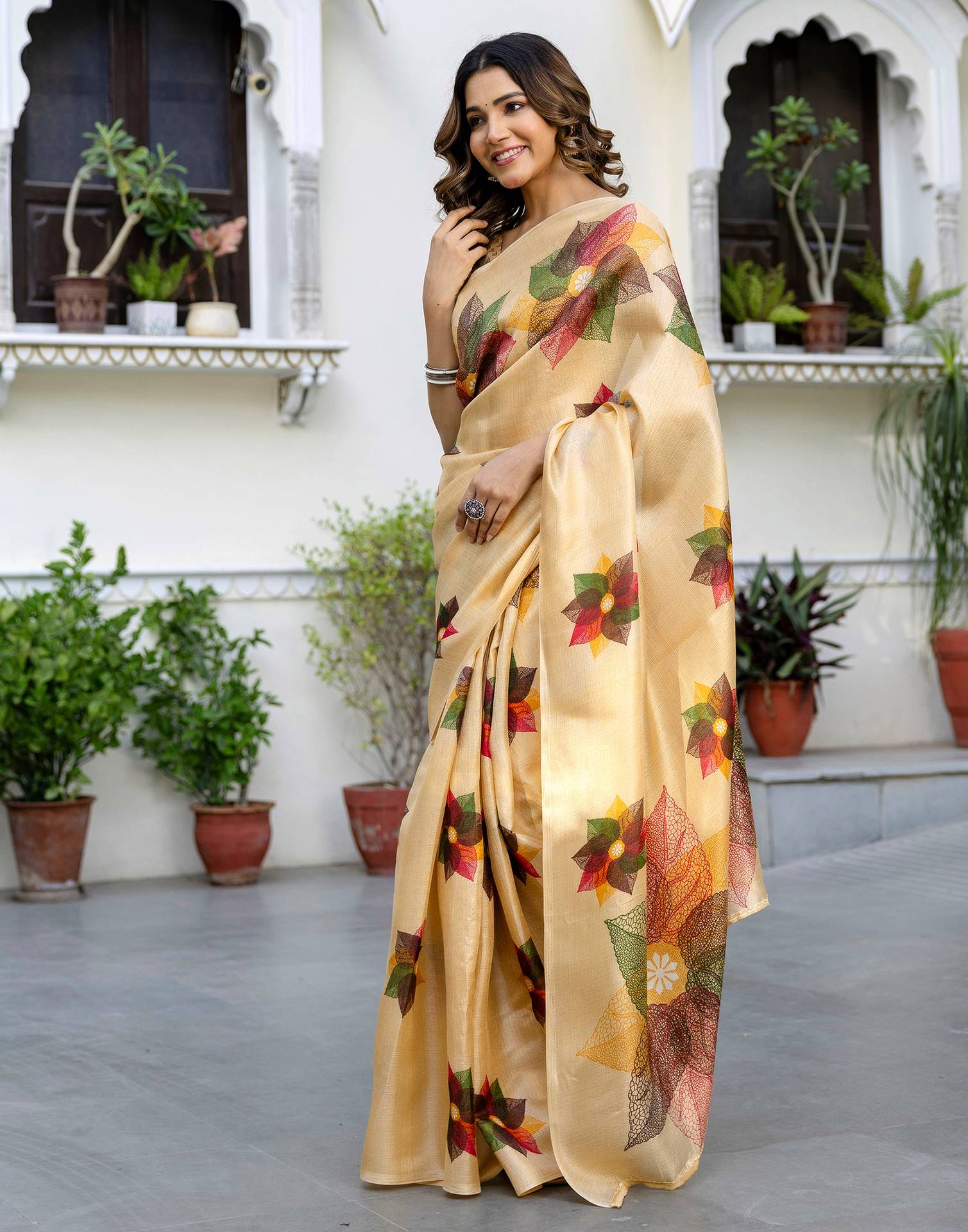 Cream Khadi Printed Saree - Image 4