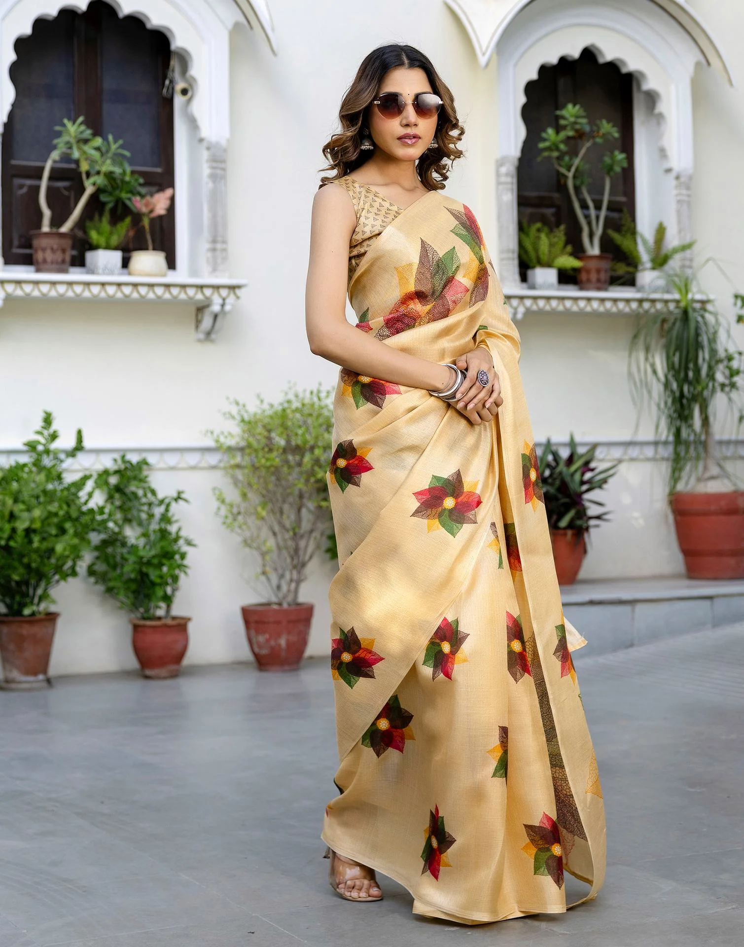 Cream Khadi Printed Saree - Image 5