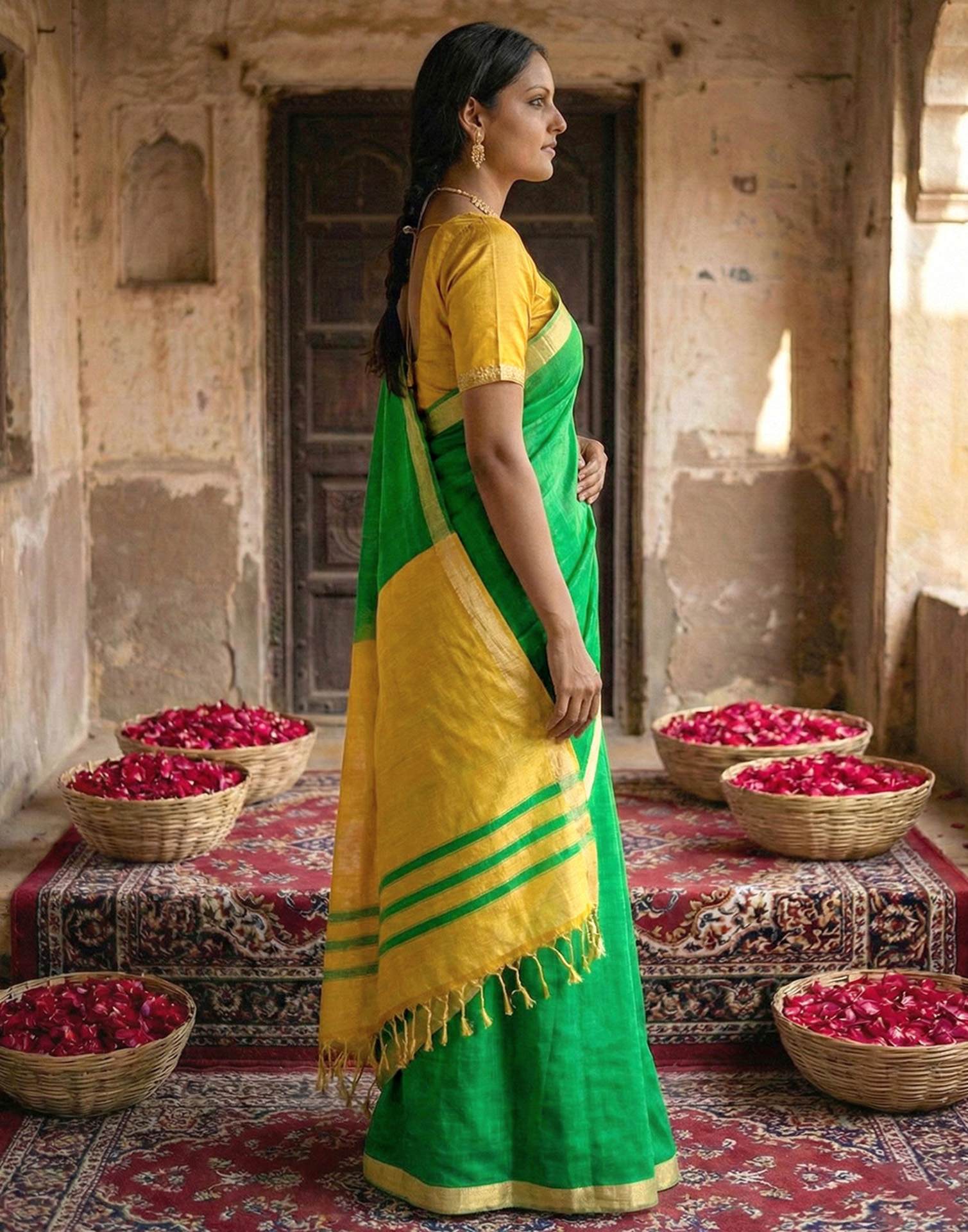 Parrot Green Chanderi Cotton Zari Border Woven Saree - Image 4