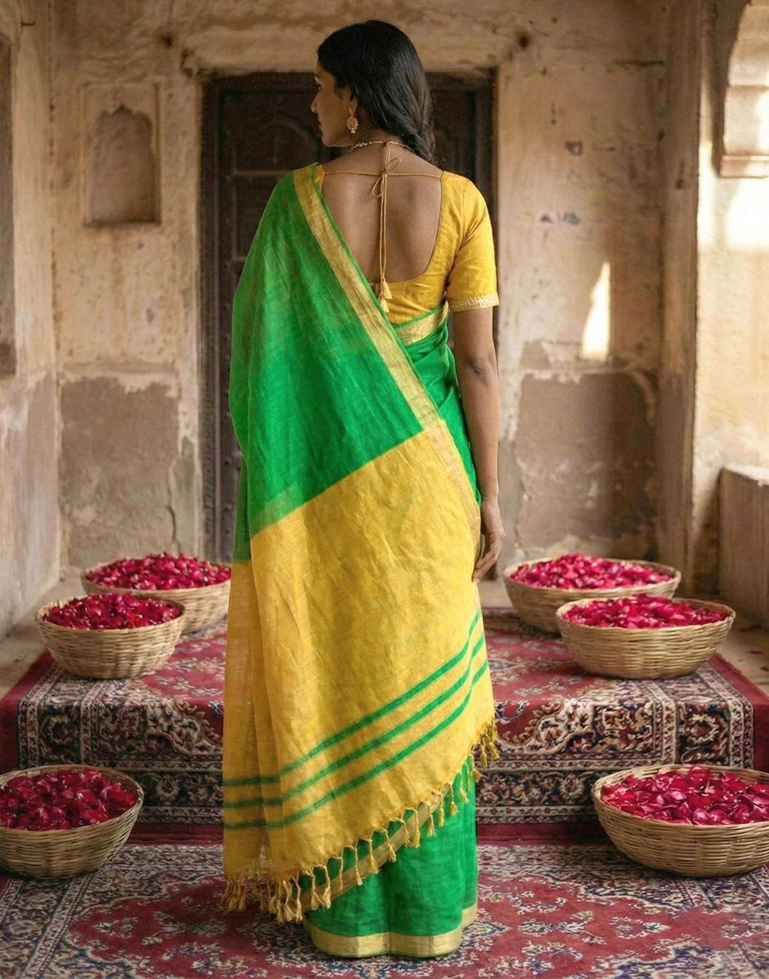 Parrot Green Chanderi Cotton Zari Border Woven Saree - Image 5