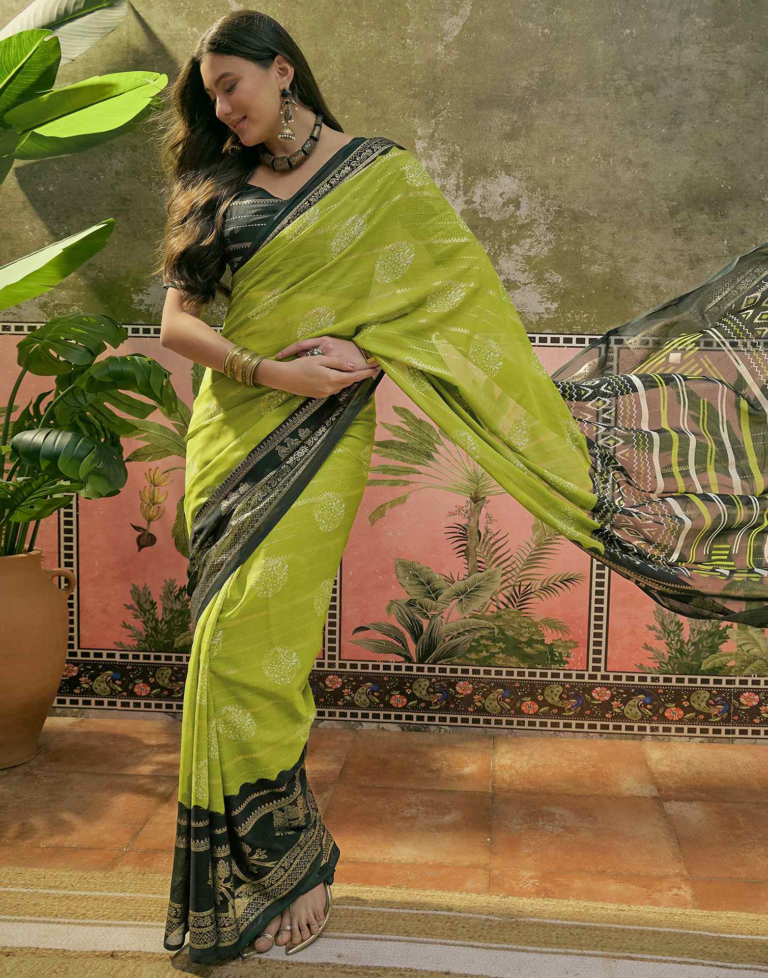 Parrot Green Georgette Foil Printed Saree