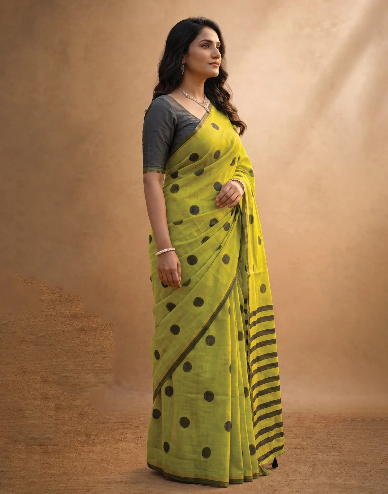 Parrot Green Linen Printed Zari Border Saree