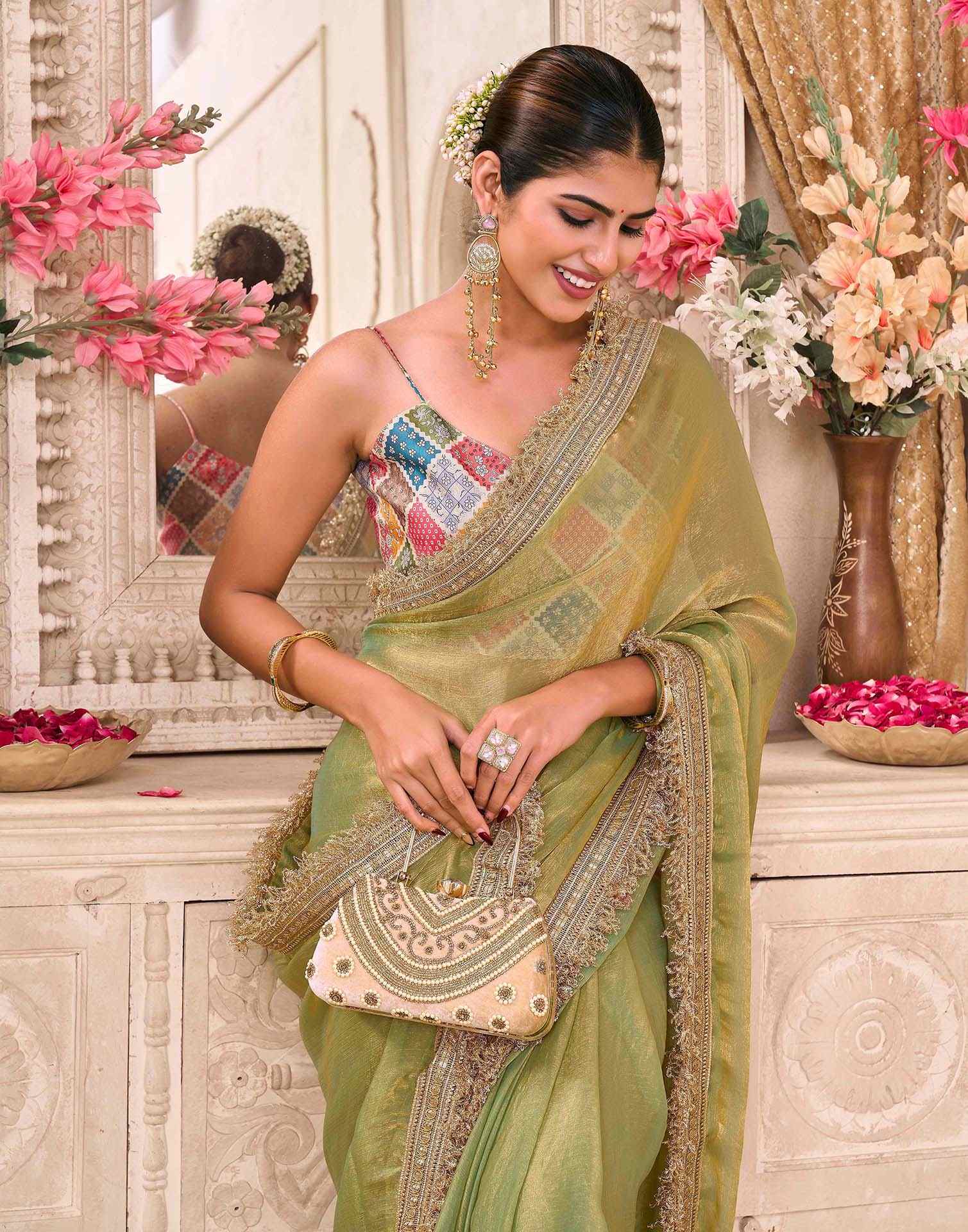 Parrot Green Shimmer Gota Lace Saree - Image 2