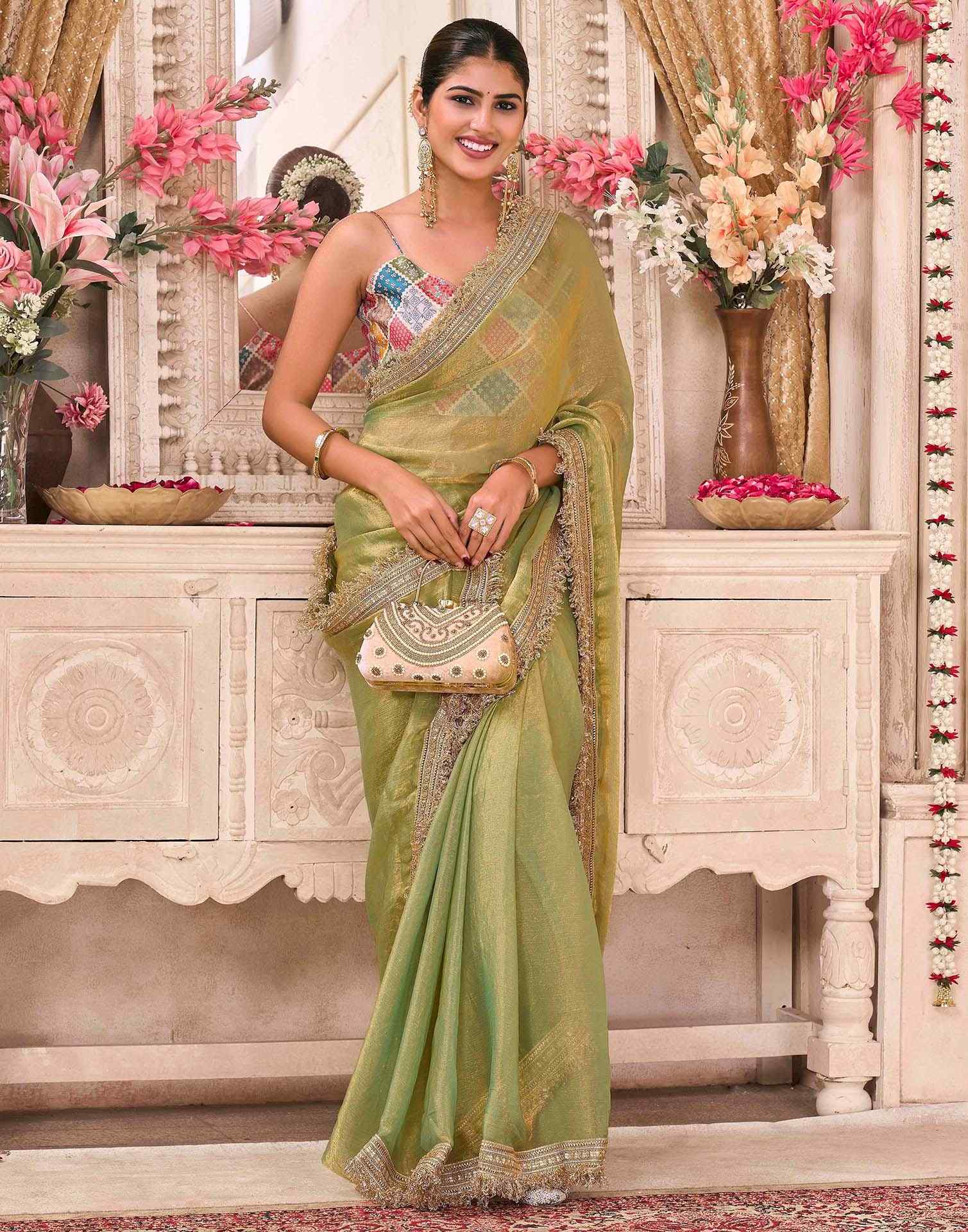 Parrot Green Shimmer Gota Lace Saree - Image 5